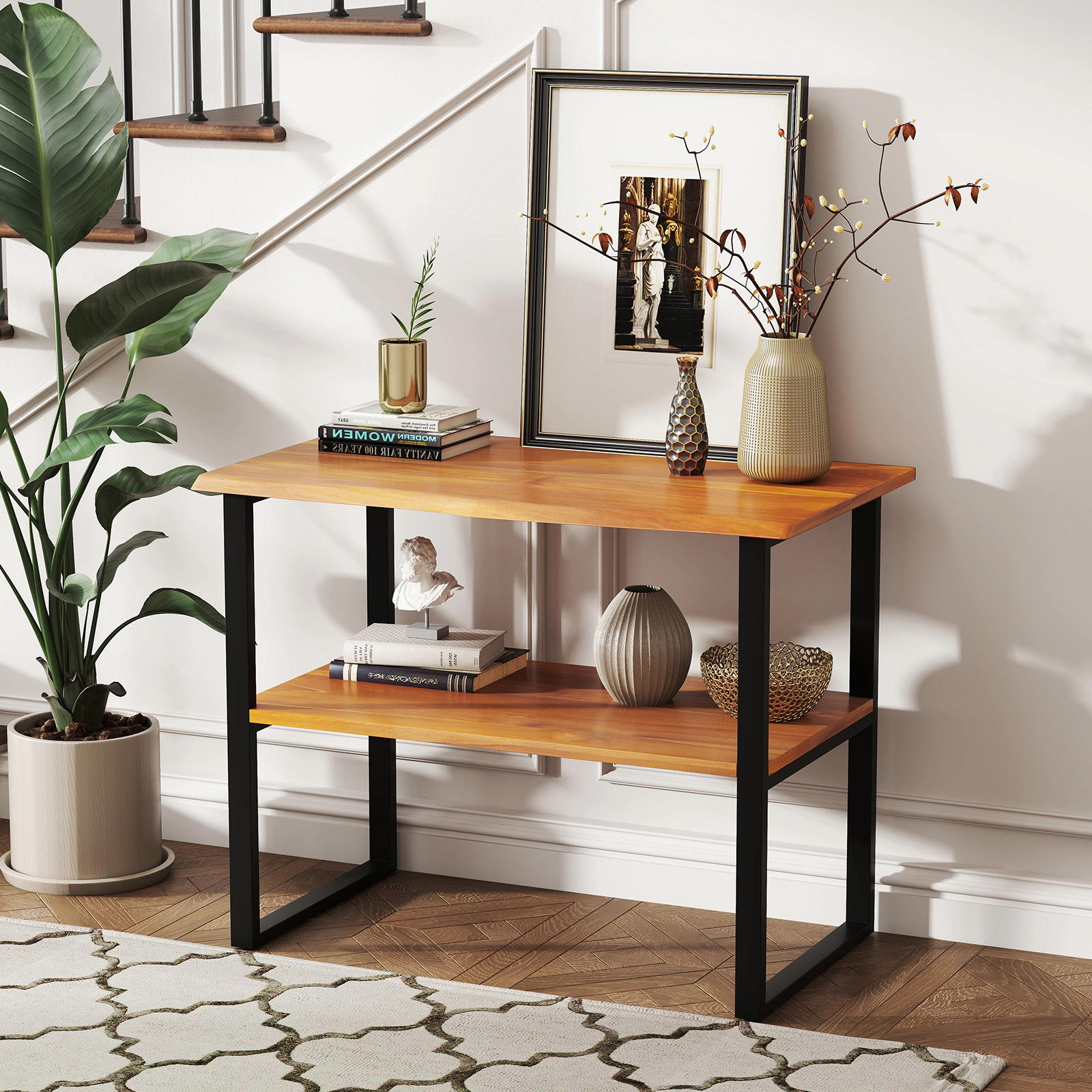 LJG 2-Tier Teak Wood End Table Sofa Side for Living Room Hallway Laundry
