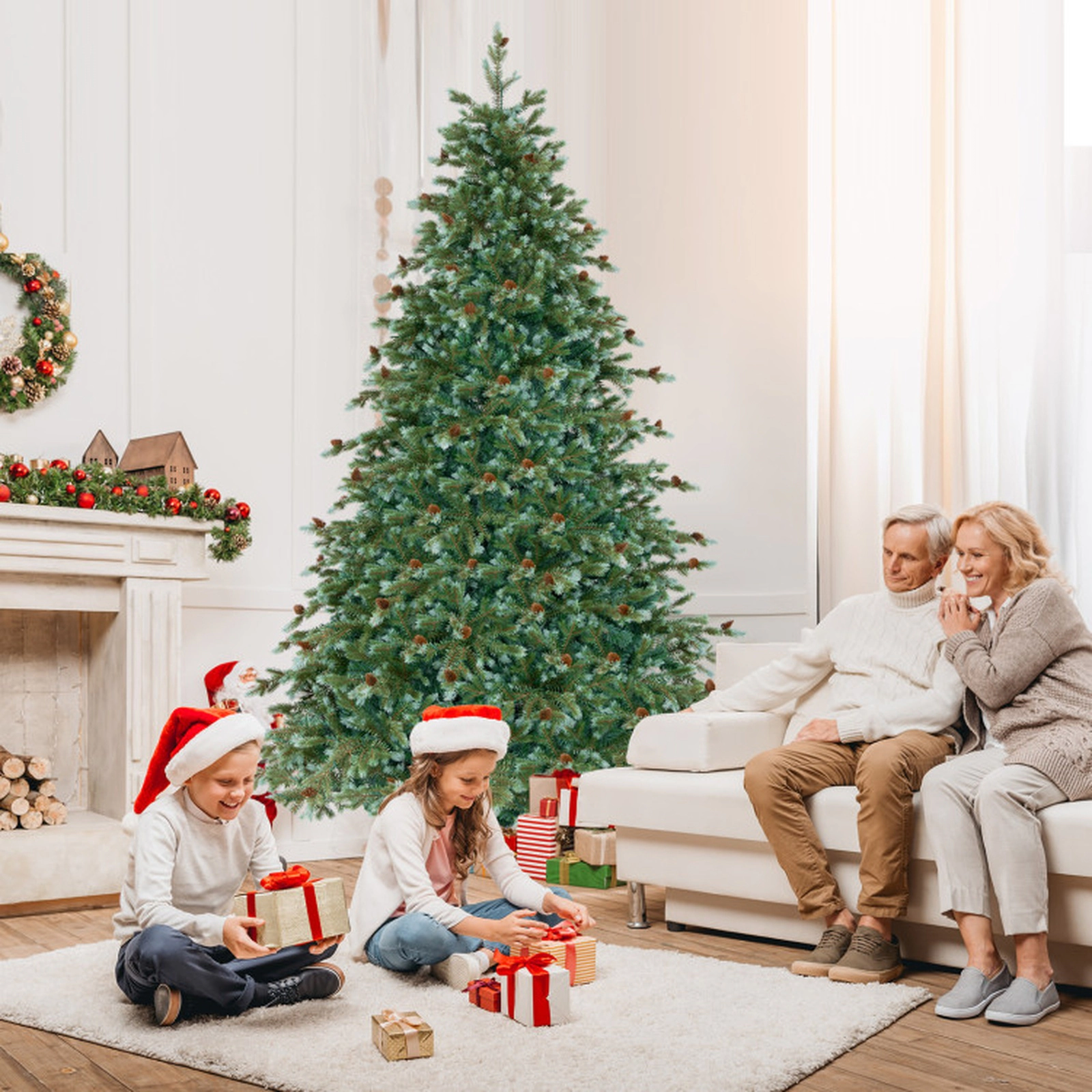 SUGIFT Pre-Lit 7-Foot Artificial Christmas Tree with 846 Branch Tips 340 Warm White LED Lights and Pine Cones Green