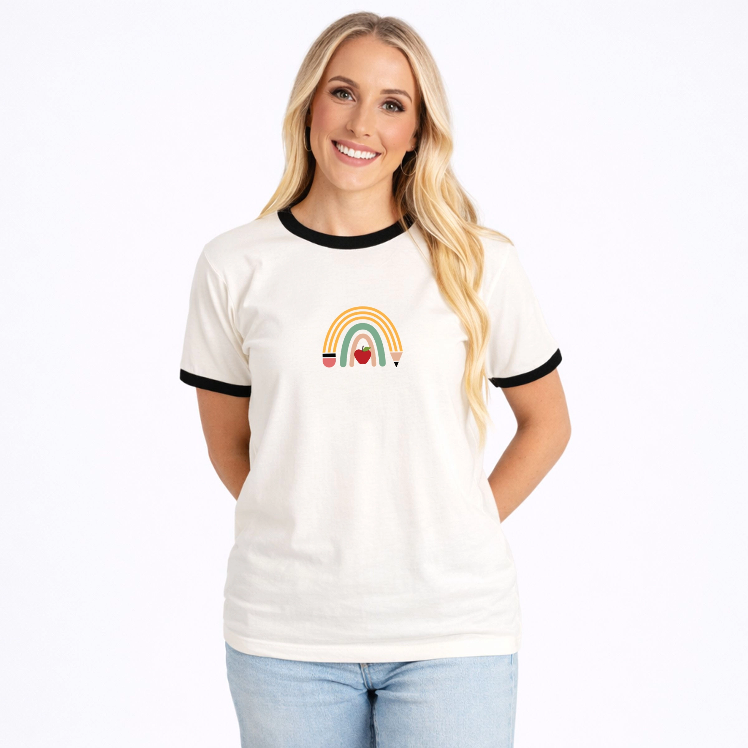 Simply Sage Market - Women's Ringer Graphic T-Shirt Teacher Pencil Rainbow