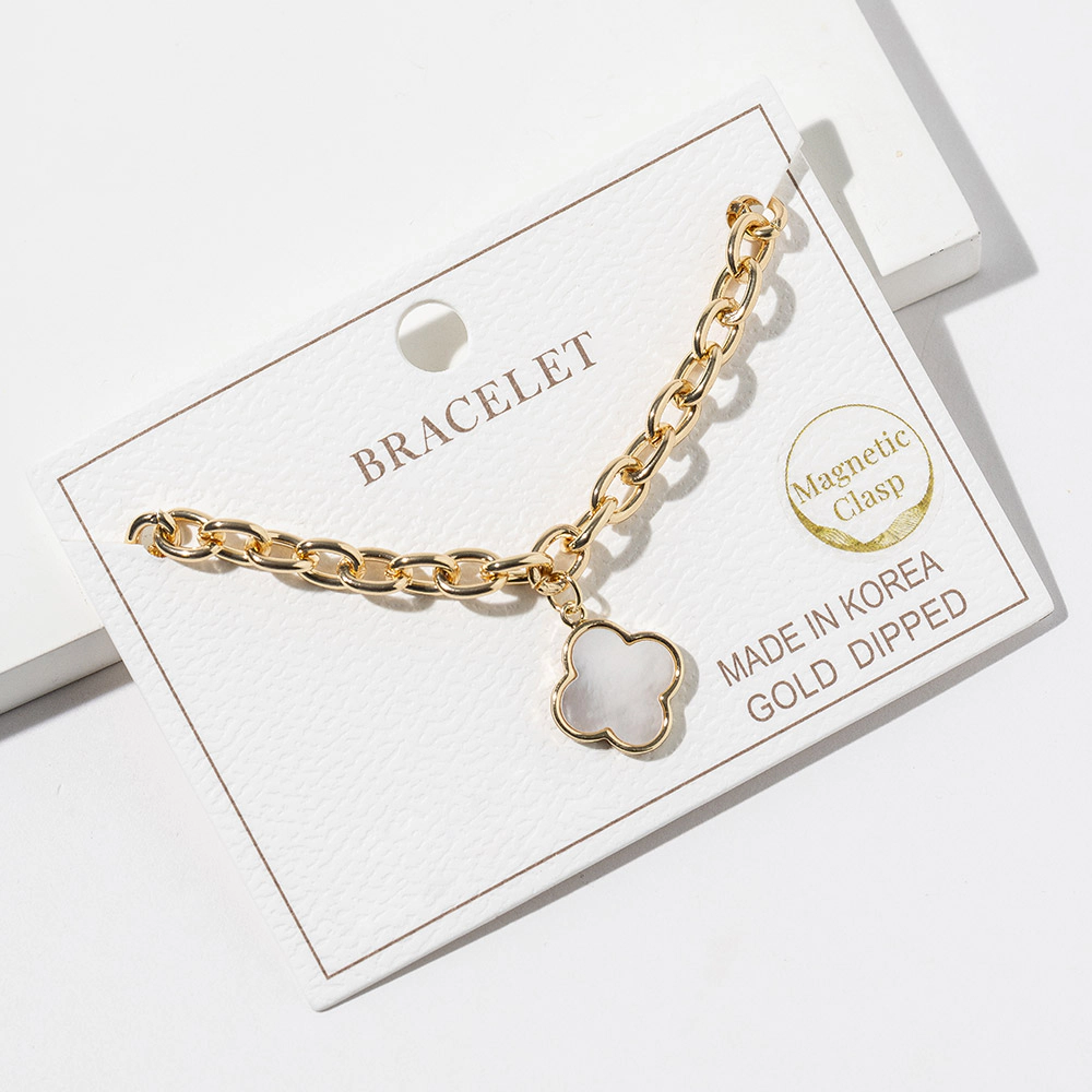 FASHNZFAB Gold Dipped Mother of Pearl Quatrefoil Charm Accent Chain Link Magnetic Bracelet
