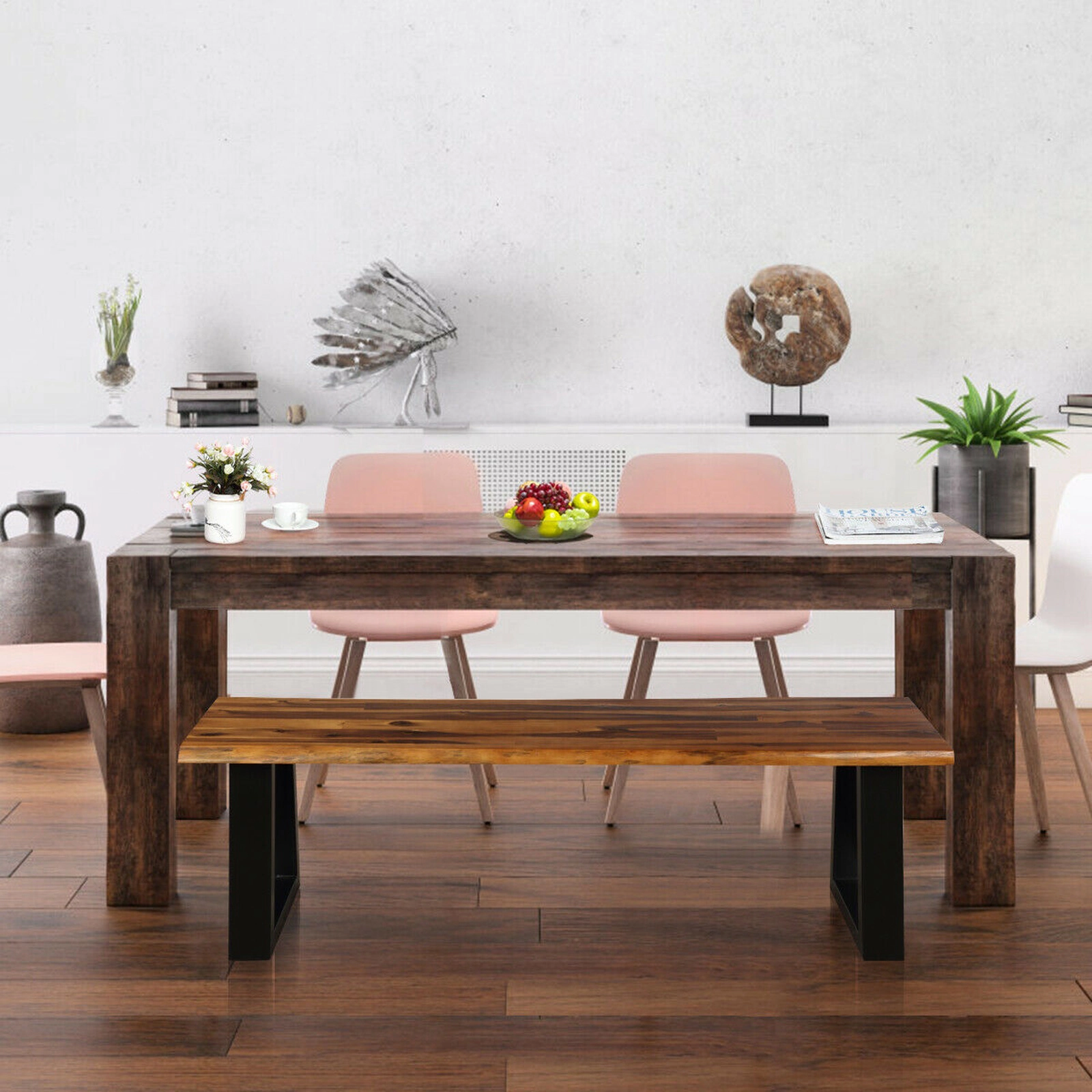 SUGIFT 57.5 in Acacia Wood Patio Bench Backless Dining Bench with Trapezium Metal Legs