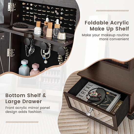 SUGIFT 3-in-1 Lockable Jewelry Cabinet Armoire with Full Length Mirror and Vanity 62.5-in Tall 3-Color LED Lights Brown