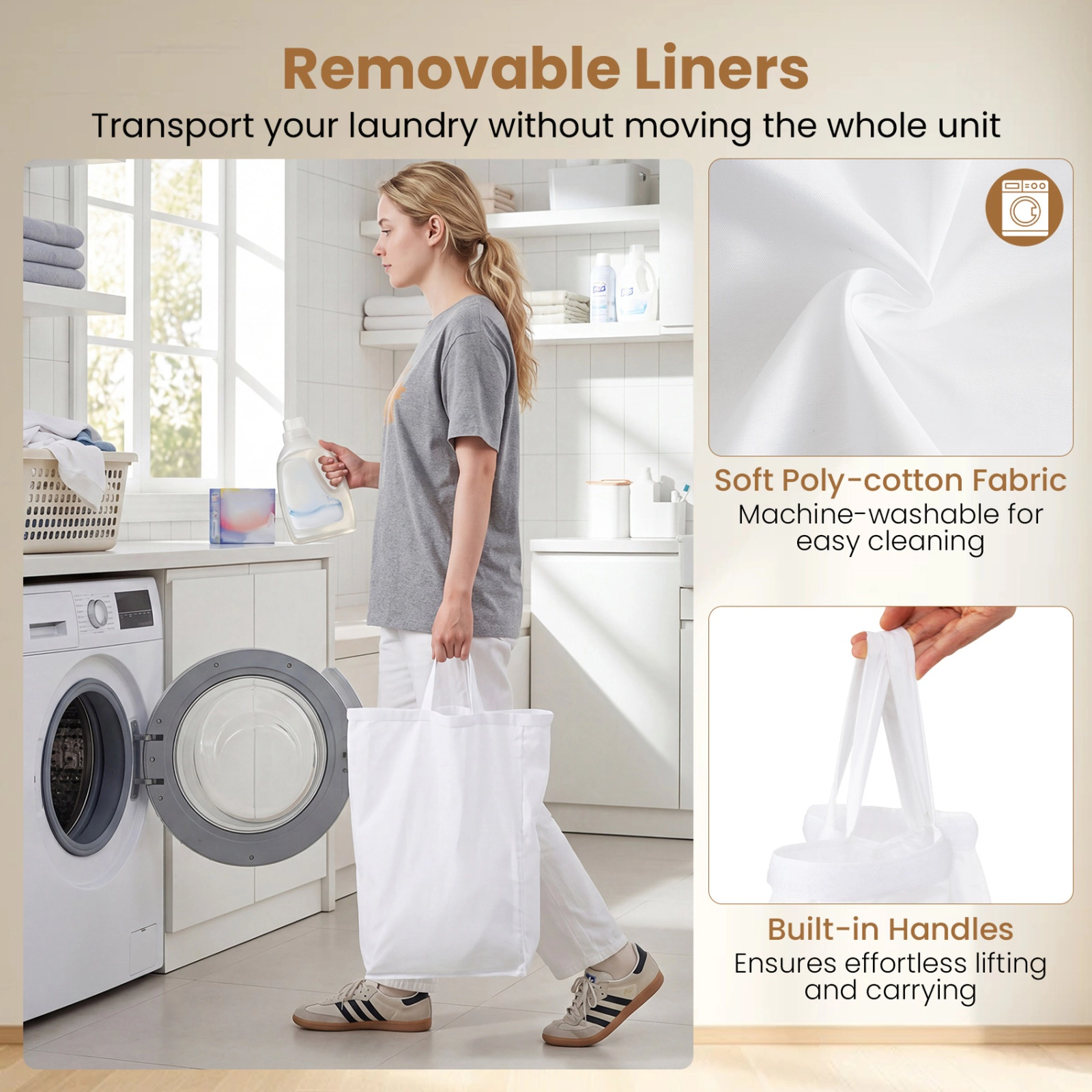 SUGIFT 21.4 Gal 3-Section Bamboo Laundry Hamper Lid 11-lb Per Section Capacity 26-in Tall with 4 Wheels Natural + Black
