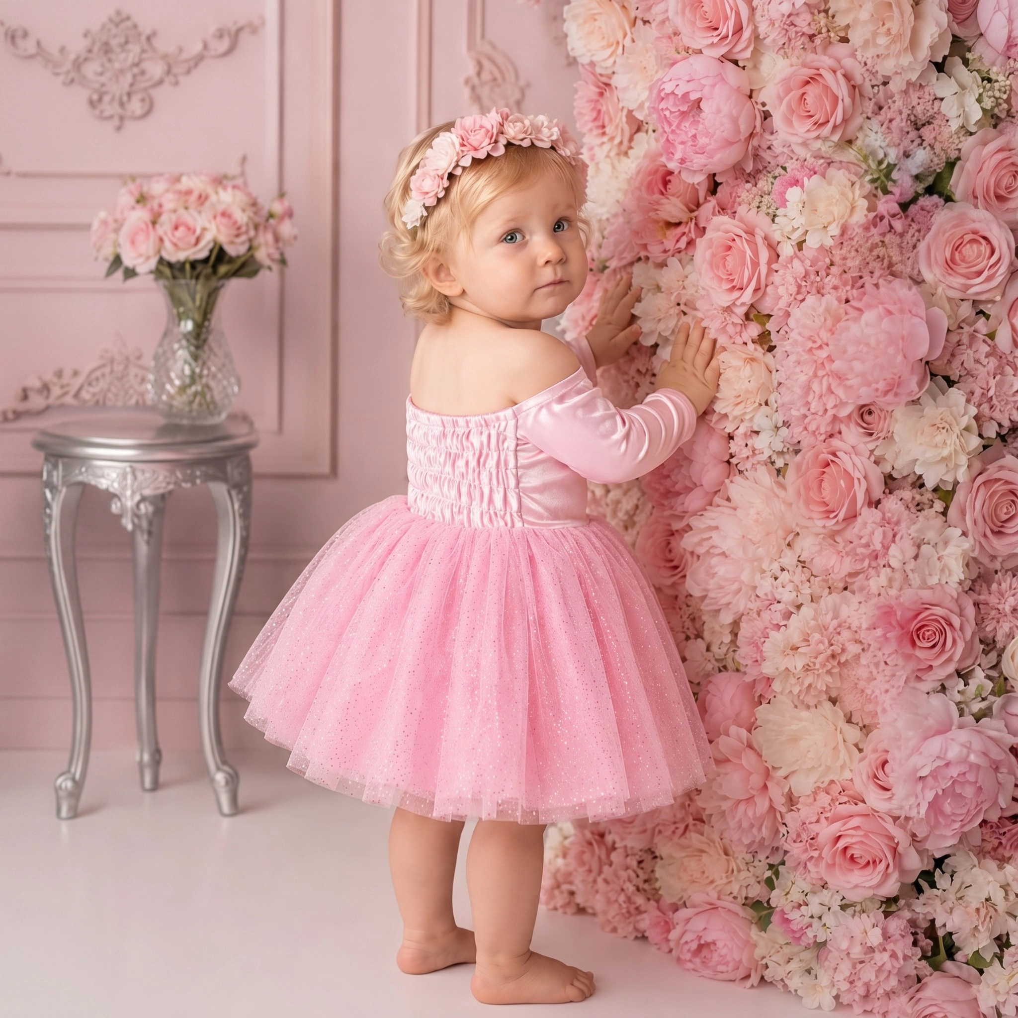 2Bunnies Baby & Toddler Girls 12M-4T Pink Off-Shoulder Glitter Tulle Dress with Smocked Back