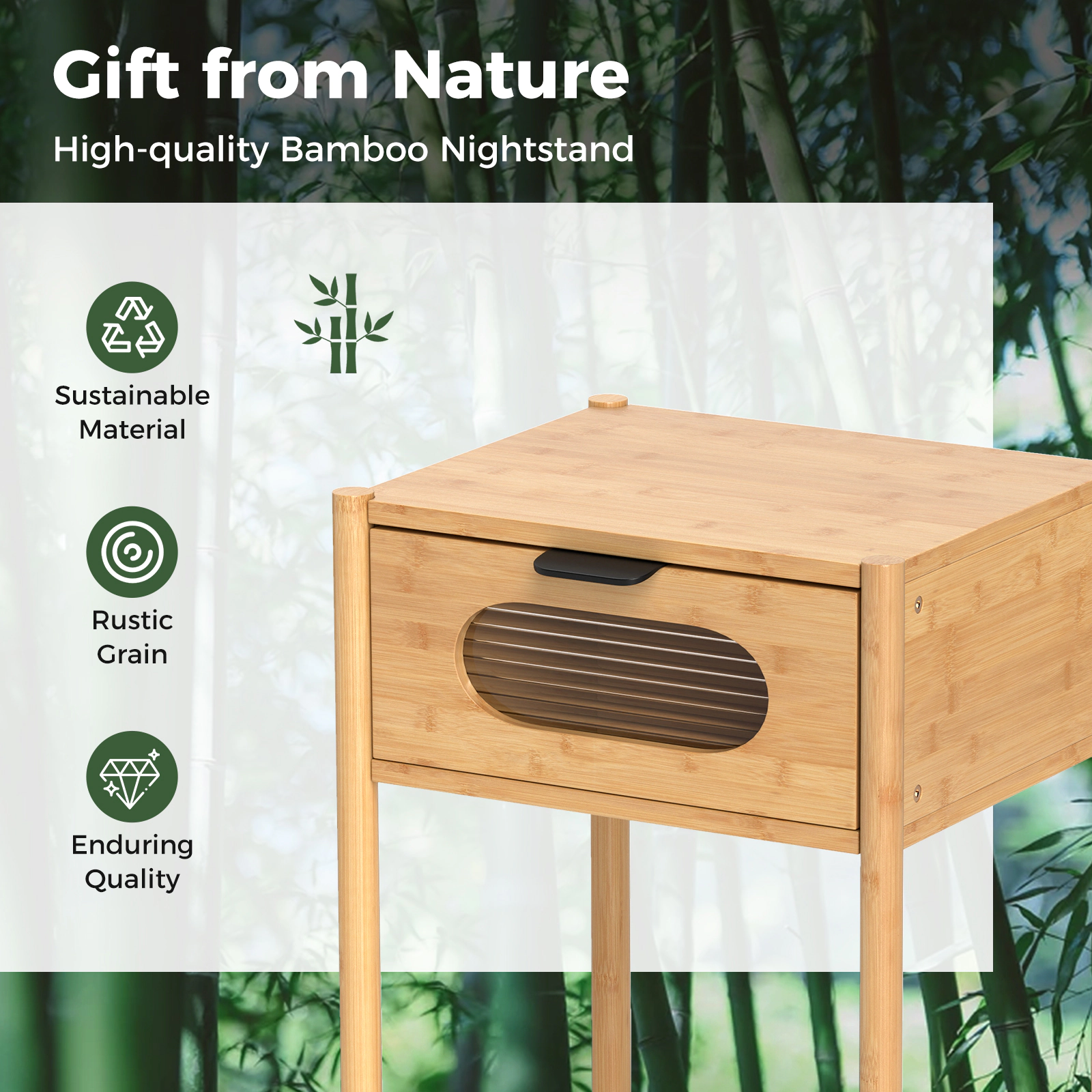 Hivvago Bamboo Nightstand Square Tall End Table with Decorated Drawer-Natural