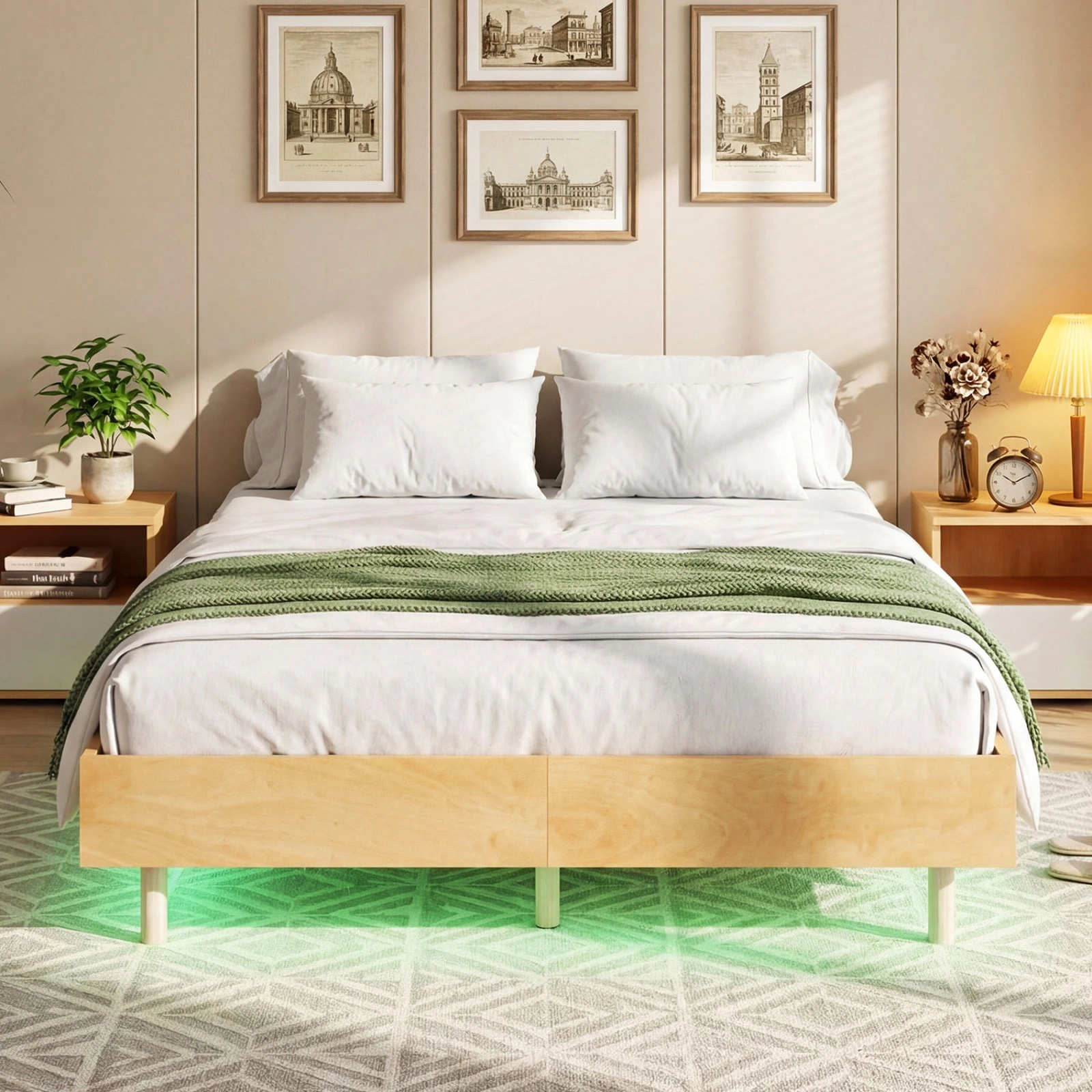 SUGIFT Full Size 800-lb Bed Capacity Floating Bed Frame with LED Lights and Remote Wood Platform 12-in H Natural