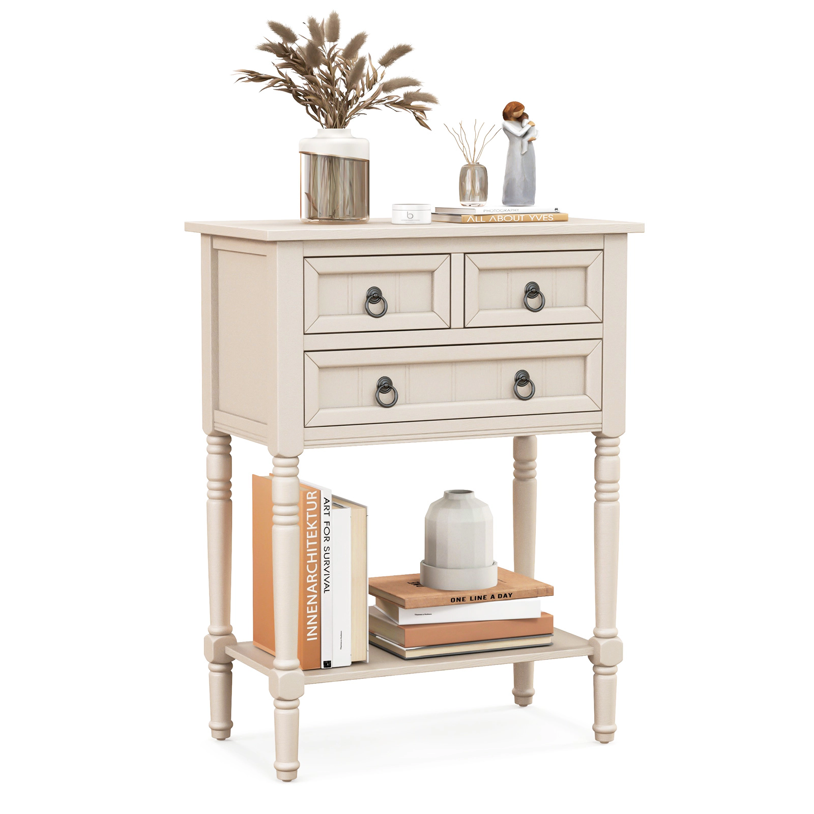 SUGIFT Narrow 3 Drawers Open Shelf Acacia Wood Legs Entryway Console Table 24-in x 13-in x 31-in 154-lb Capacity Beige