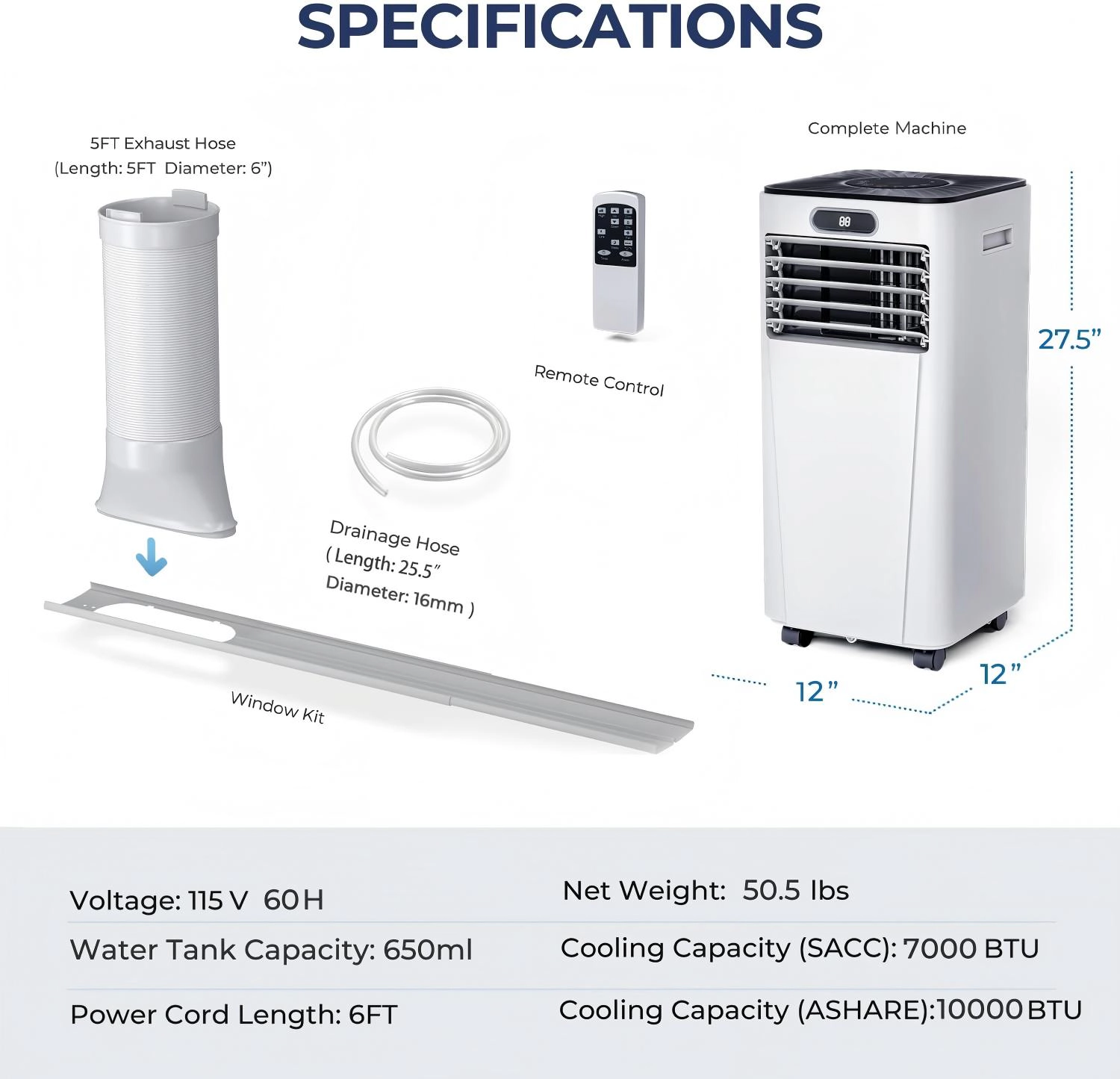 SUGIFT 4-in-1 Portable Air Conditioner with Dehumidifier and Fan Mode 10000 BTU for Rooms up to 350 sq ft White