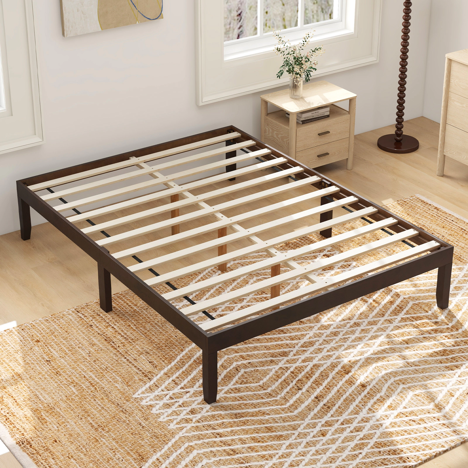 SUGIFT Wood Platform Bed Frame with Rubber Wood Legs 800-lb Capacity Full Size 10.5-in Under-Bed Space Espresso/Natural