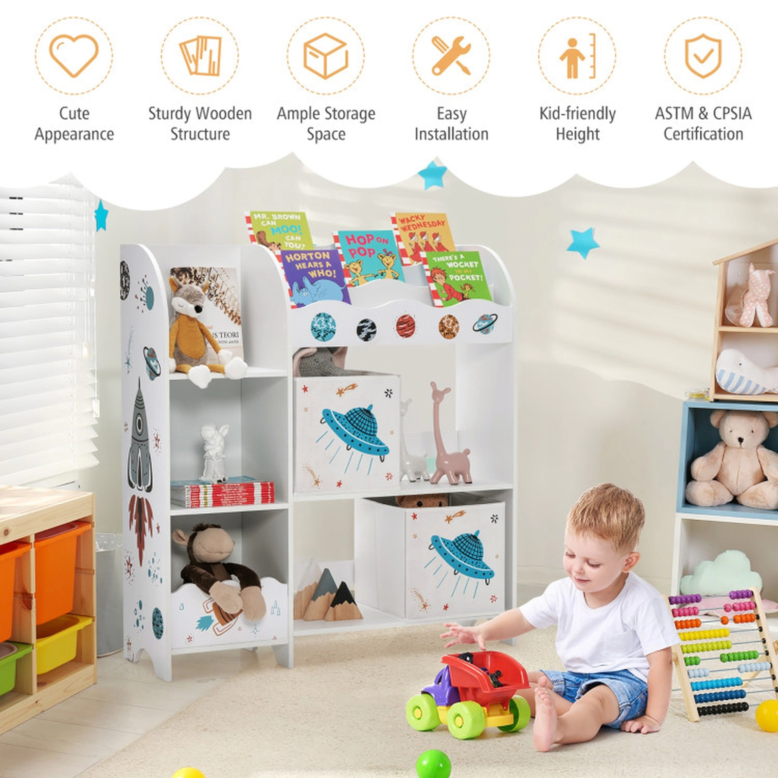 SUGIFT Kids Toy and Book Organizer with Shelves Slots and Storage Bins 22-lb Shelf Capacity 36.5-in Wide White
