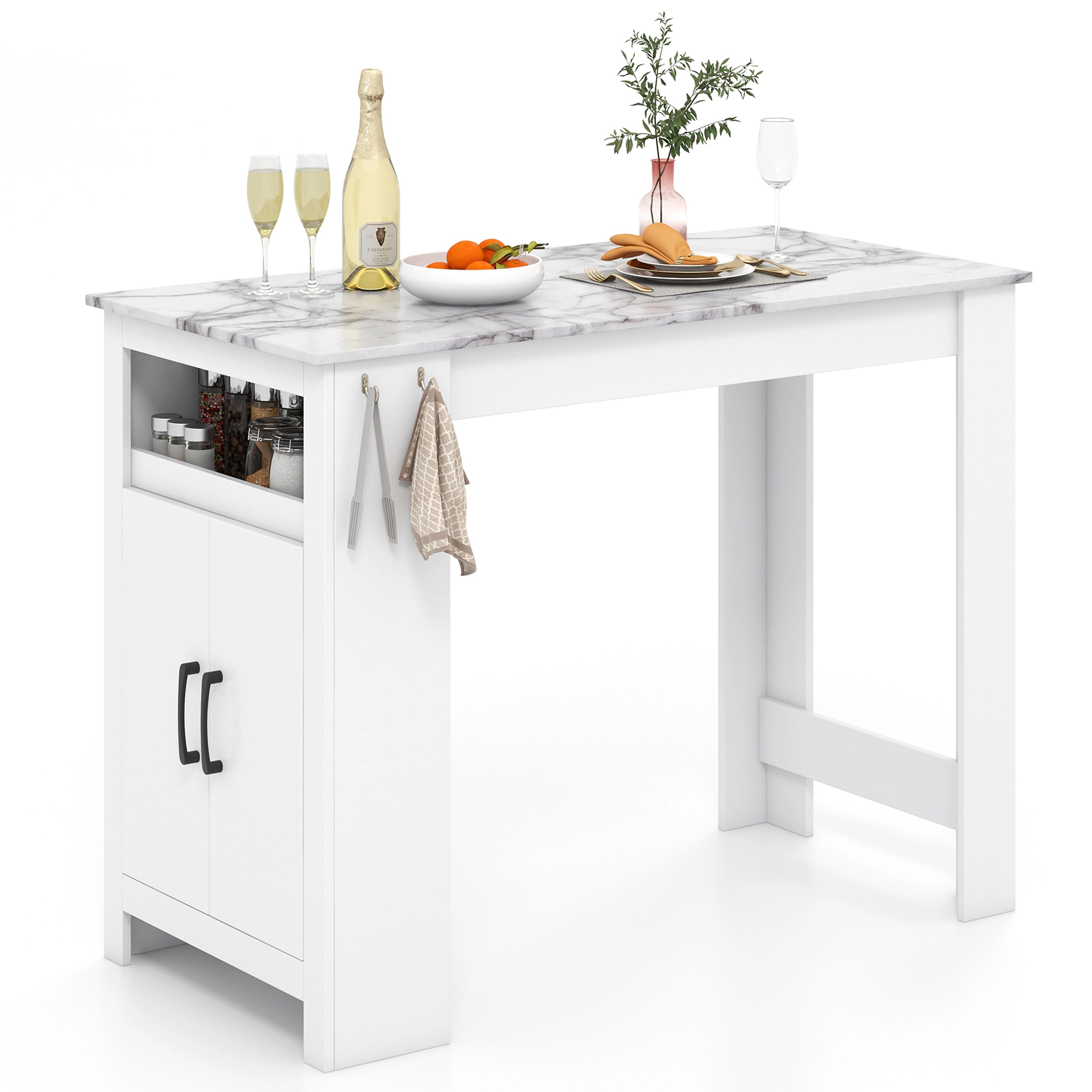 LJG Bar Table Faux Marble Pub Table with 7 Hanging Hooks Compartment