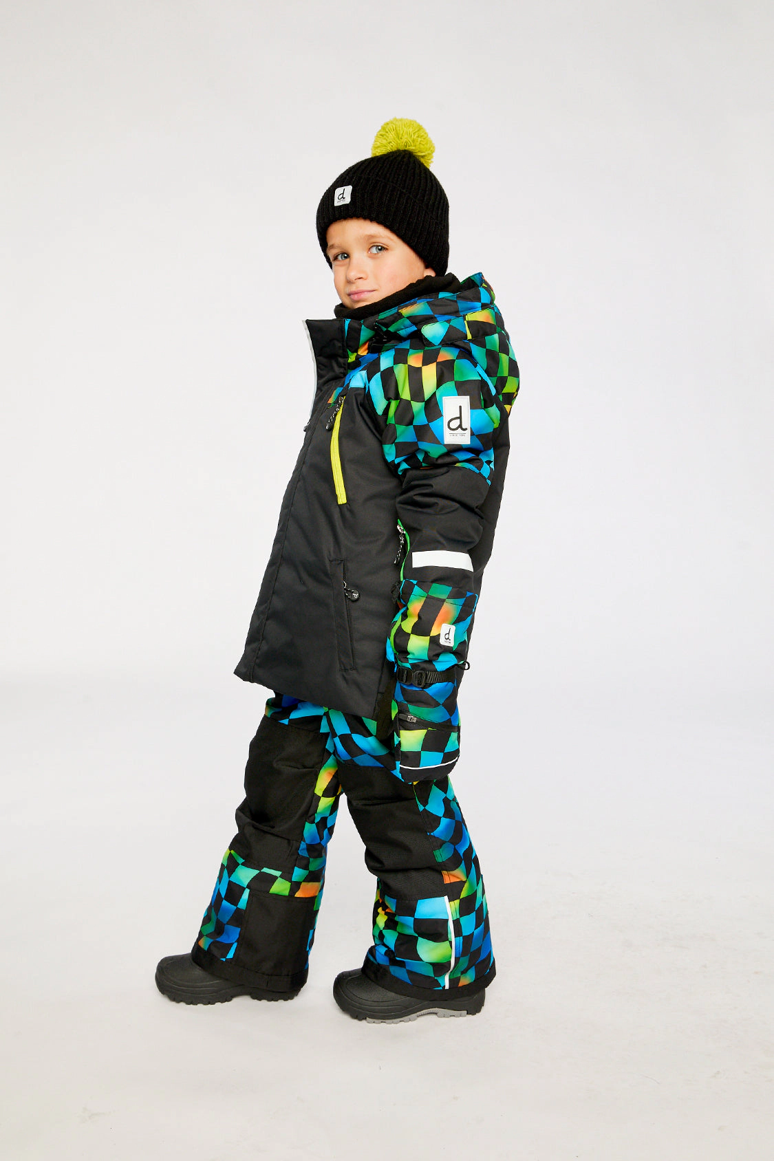 Deux par Boys Colorblock Two Piece Play Snowsuit with Hooded Jacket and Checkerboard Snow Pants