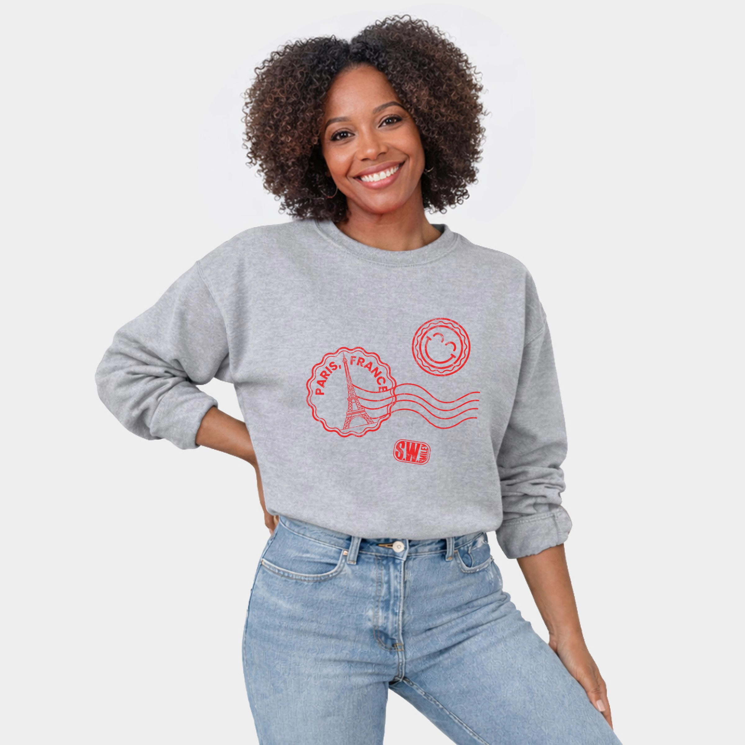Simply Sage Market - Women's Graphic Sweatshirt S.W.Smiley Paris France Stamps