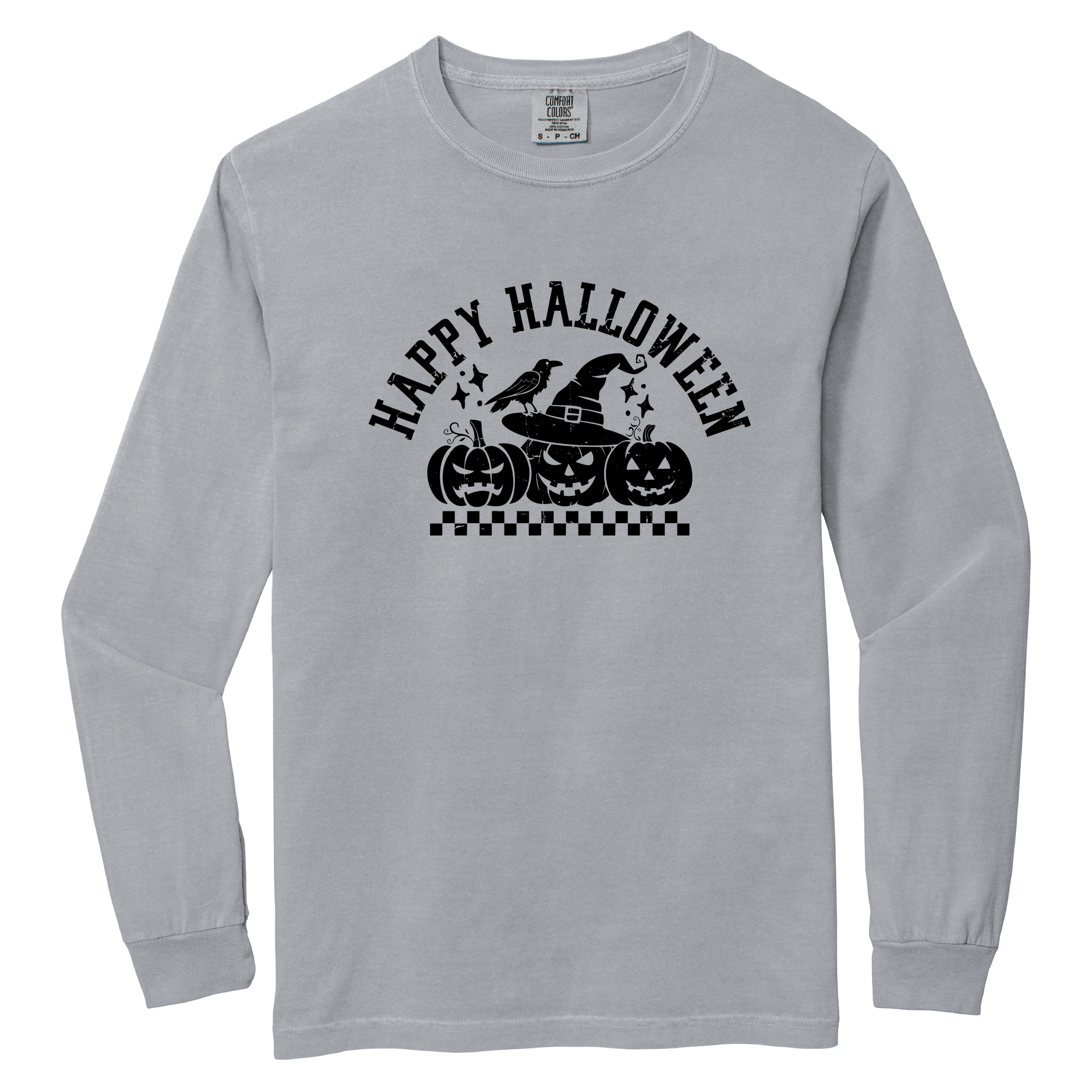 Simply Sage Market - Women's Garment Dyed Long Sleeve Graphic T-Shirt Happy Halloween Arch Distressed