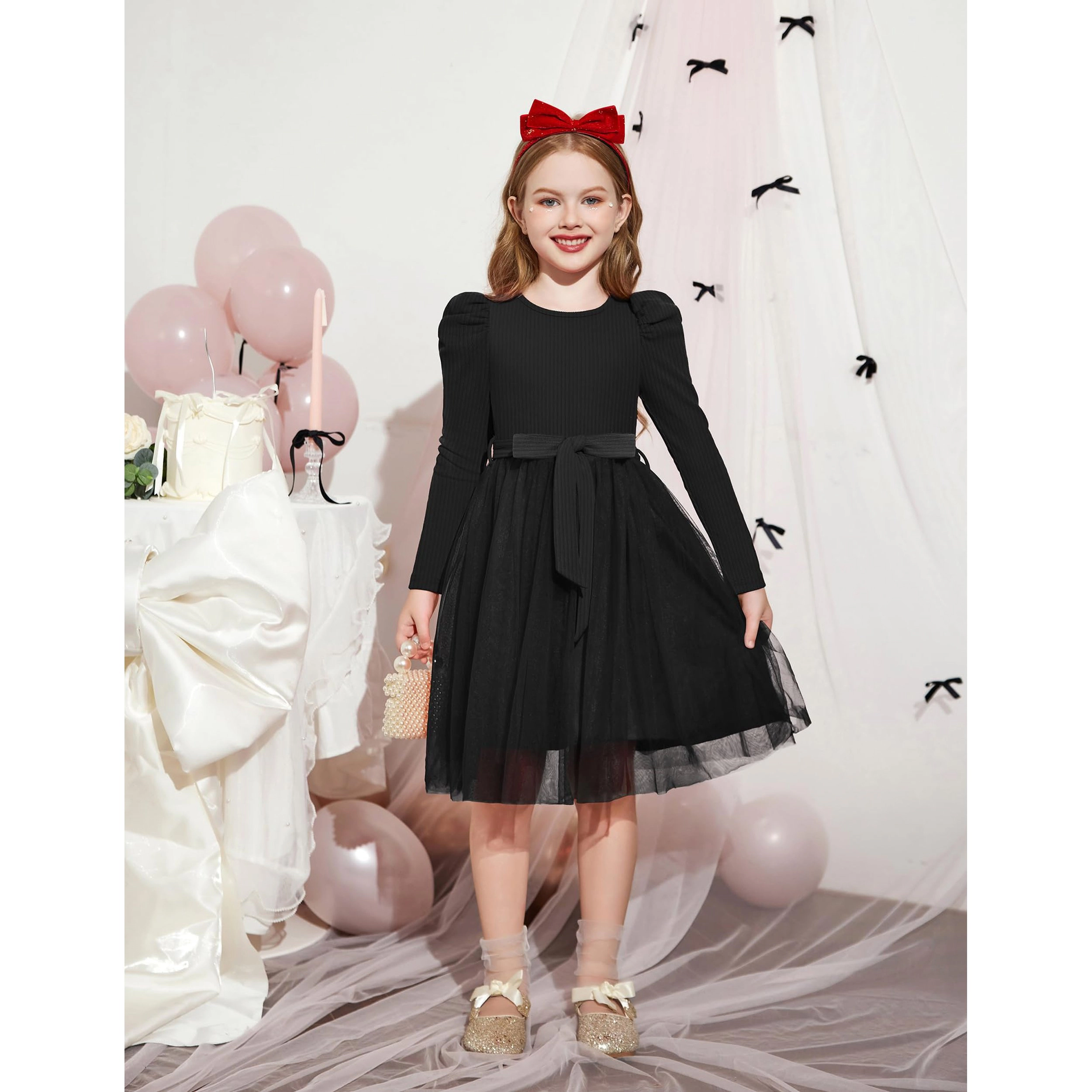 Arshiner Girls Gigot Long Sleeve Belted Tulle Tutu Princess Fall Winter Dress