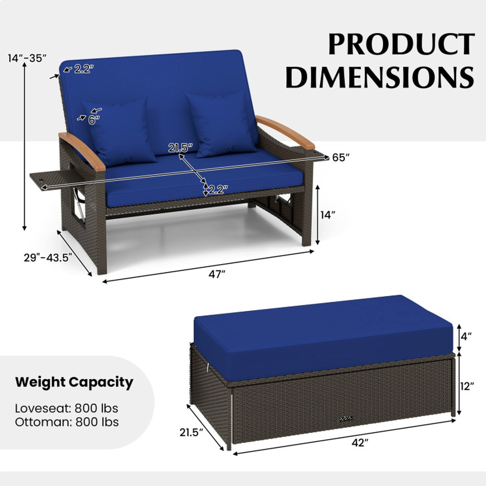 SUGIFT 4-in-1 Outdoor Wicker Chaise Lounge Daybed Loveseat with Folding Panels and Storage Ottoman 800-lb Capacity Navy