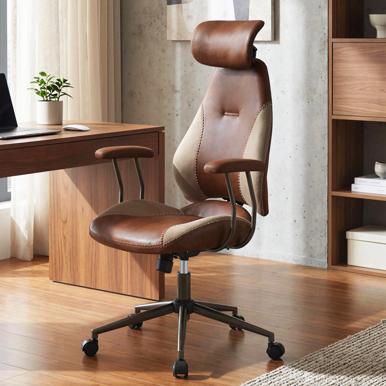 SUGIFT 330-lb Capacity Brown Suede Wing Back Computer Desk Chair with 2D Headrest and 4-Position Tilt Lock