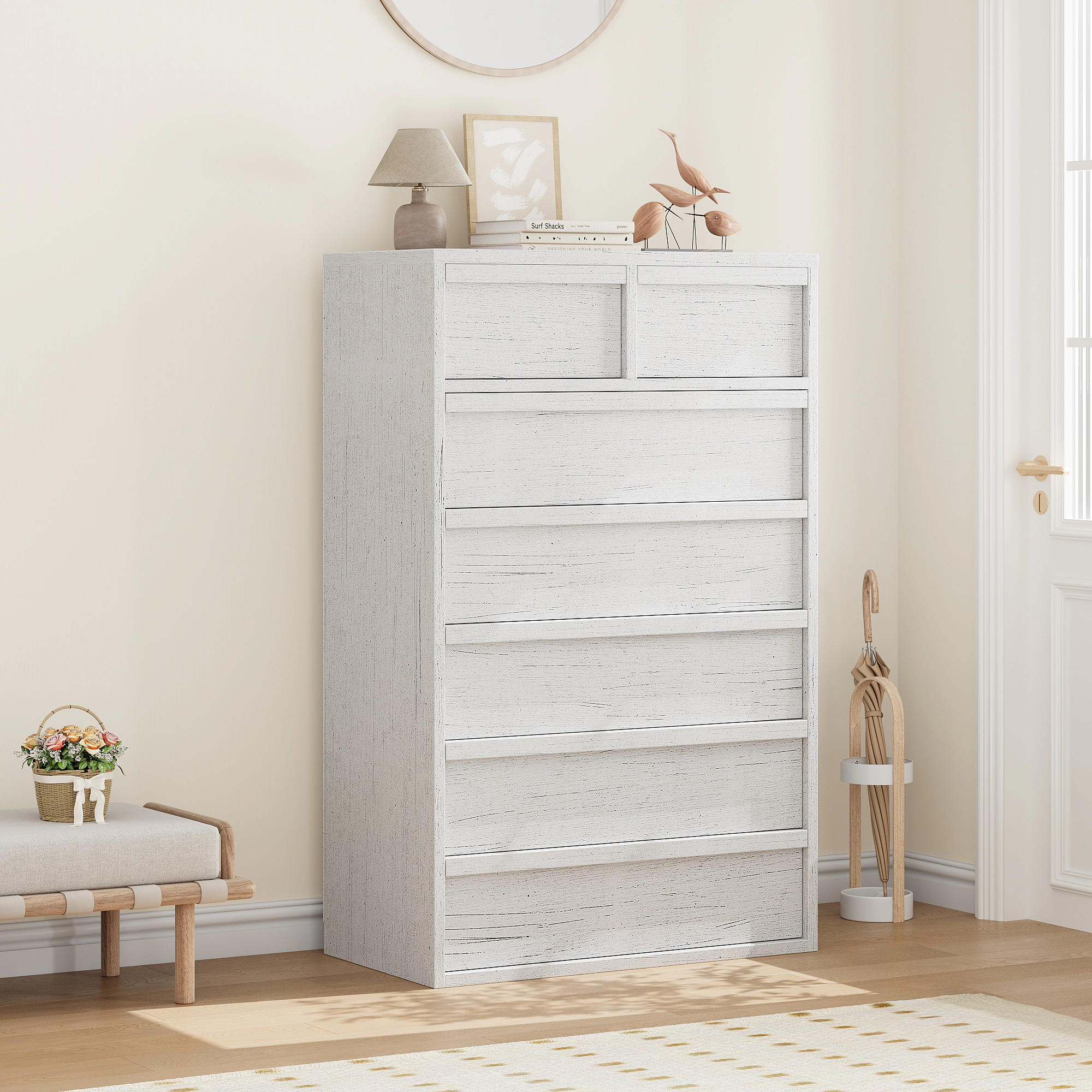 BebreezChic 7-Drawer Wide Dresser 54"L×15.9"W×30.6"H Wood Color Engineered Chest of Drawers