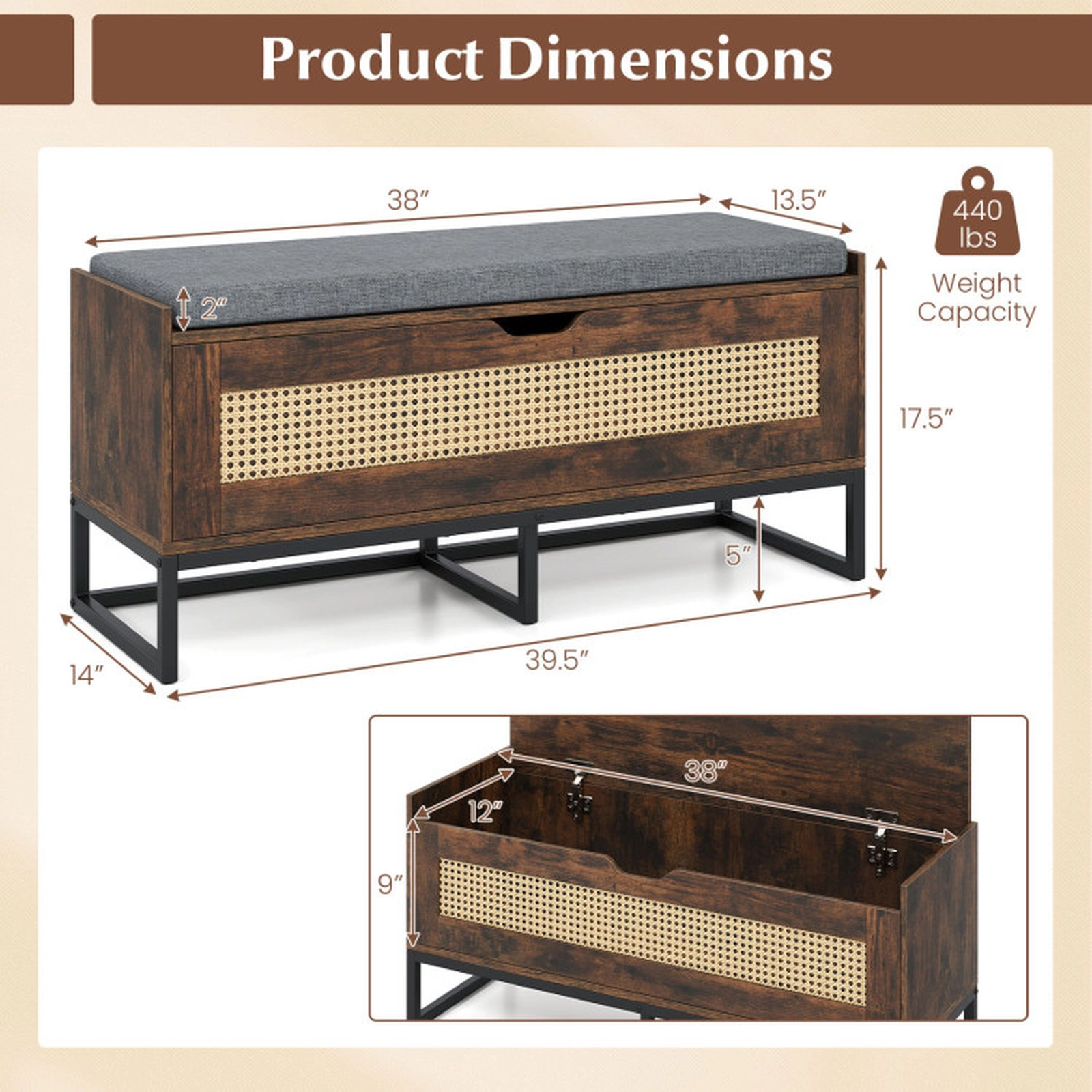 SUGIFT 39.5-in 440-lb Capacity Rattan Wicker Shoe Storage Bench with Flip Top and Padded Seat