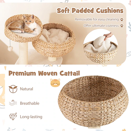 Glintex 41-Inch Woven Rattan Cat Tree with Raised Basket Bed and Sisal Posts