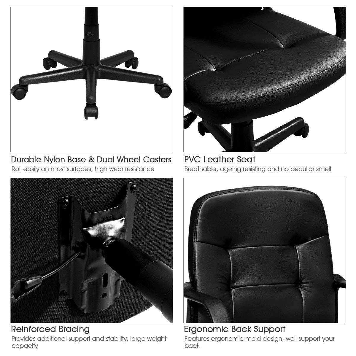 SUGIFT 250-lb Capacity Black Ribbed Leather High Back Desk Chair with Chrome Frame and 360 Degree Wheels