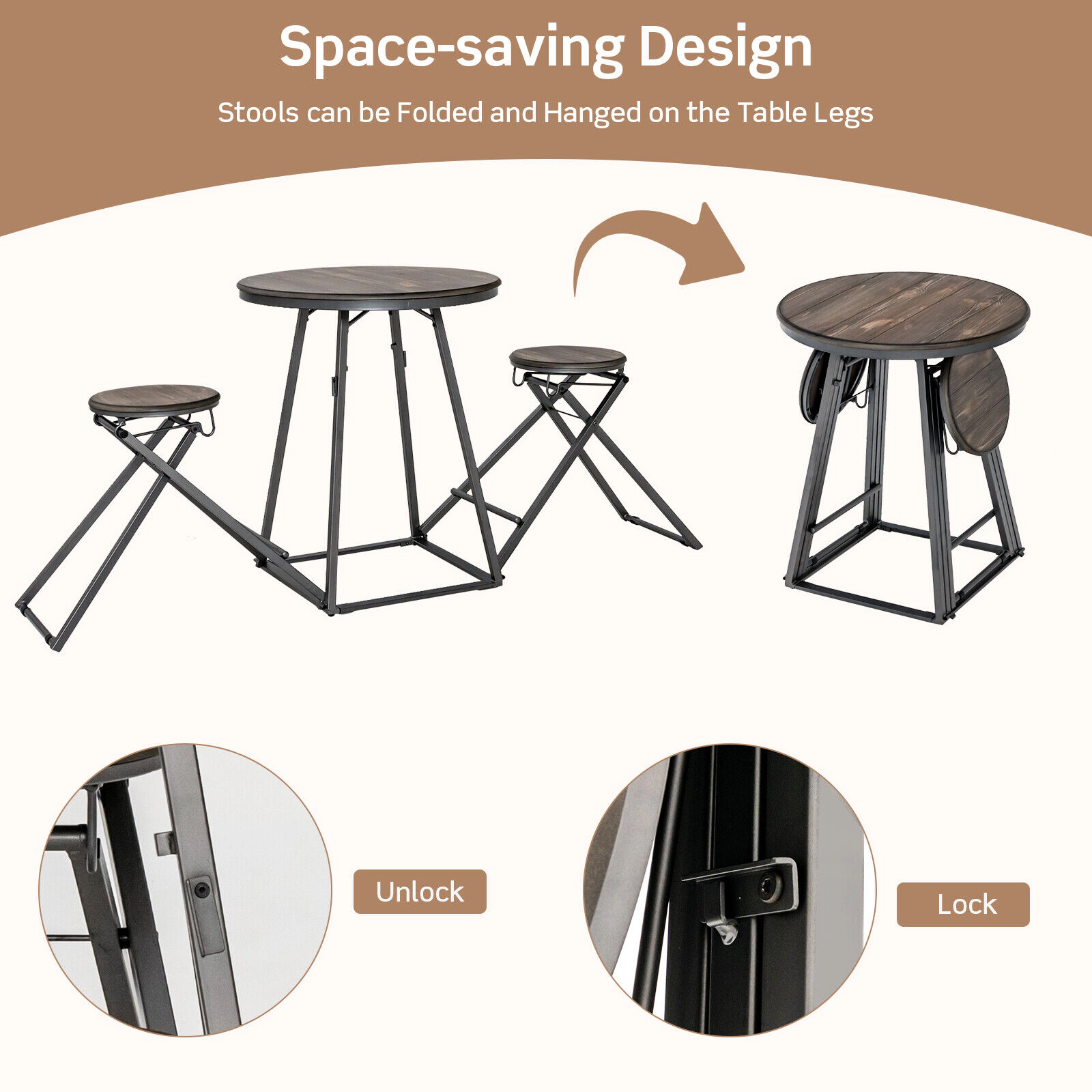 SUGIFT Space-Saving Round Dining Table Set with Foldable Stools 110-lb Table 330-lb Stools Gray