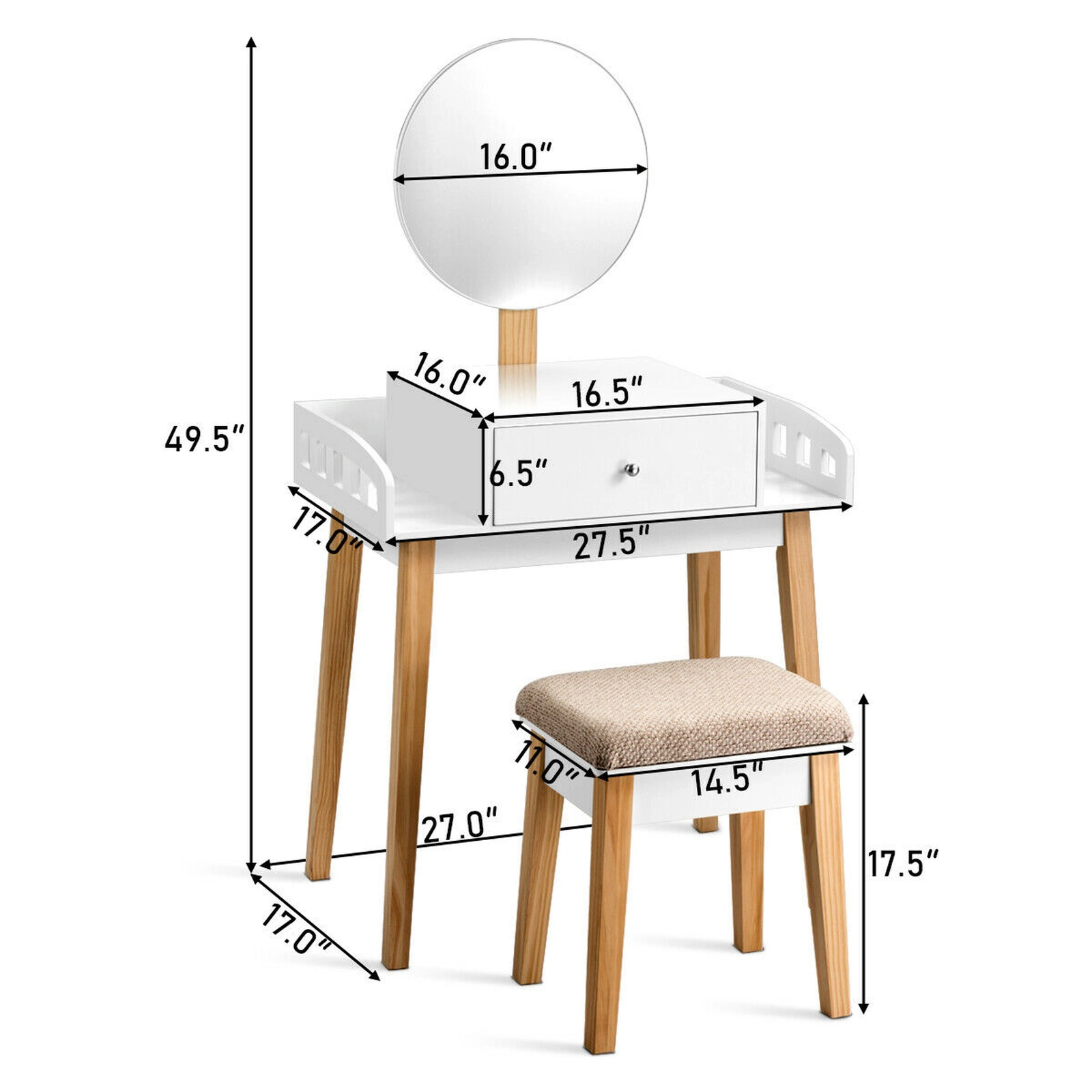 SUGIFT 2-Piece Makeup Vanity Set with 16-Inch Round Mirror and Cushioned Stool