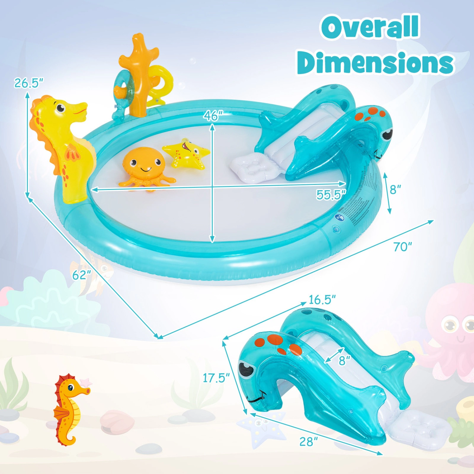 SUGIFT Inflatable Water Park Kids Spray Pool with Slide Seahorse Sprinkler and Ring Toss