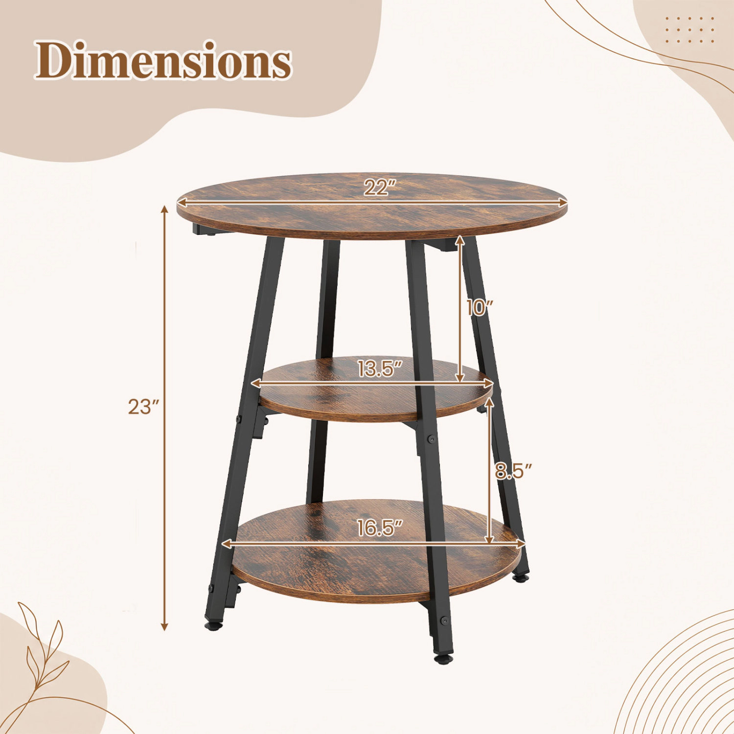 LJG Set of Industrial Side Tables with 3-Tier Shelves & Metal Frame for Small Space