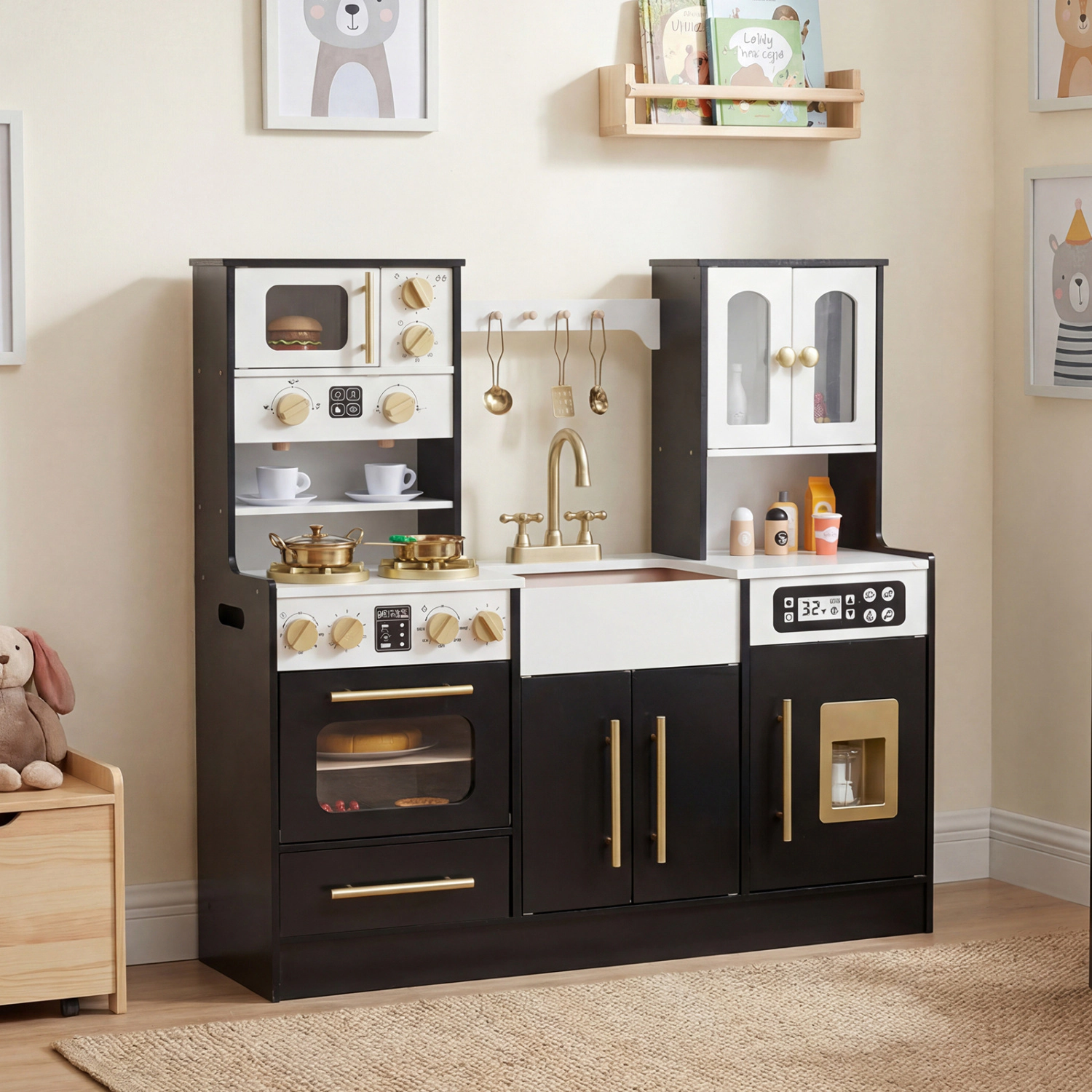 LJG Wooden Kids Kitchen Playset with Realistic Lights and Sounds