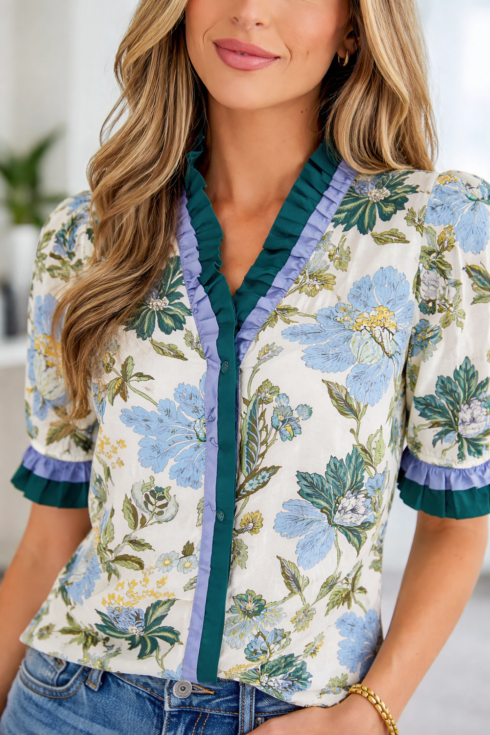 Threaded Pear Women's Mila Trim Short Sleeve Blouse