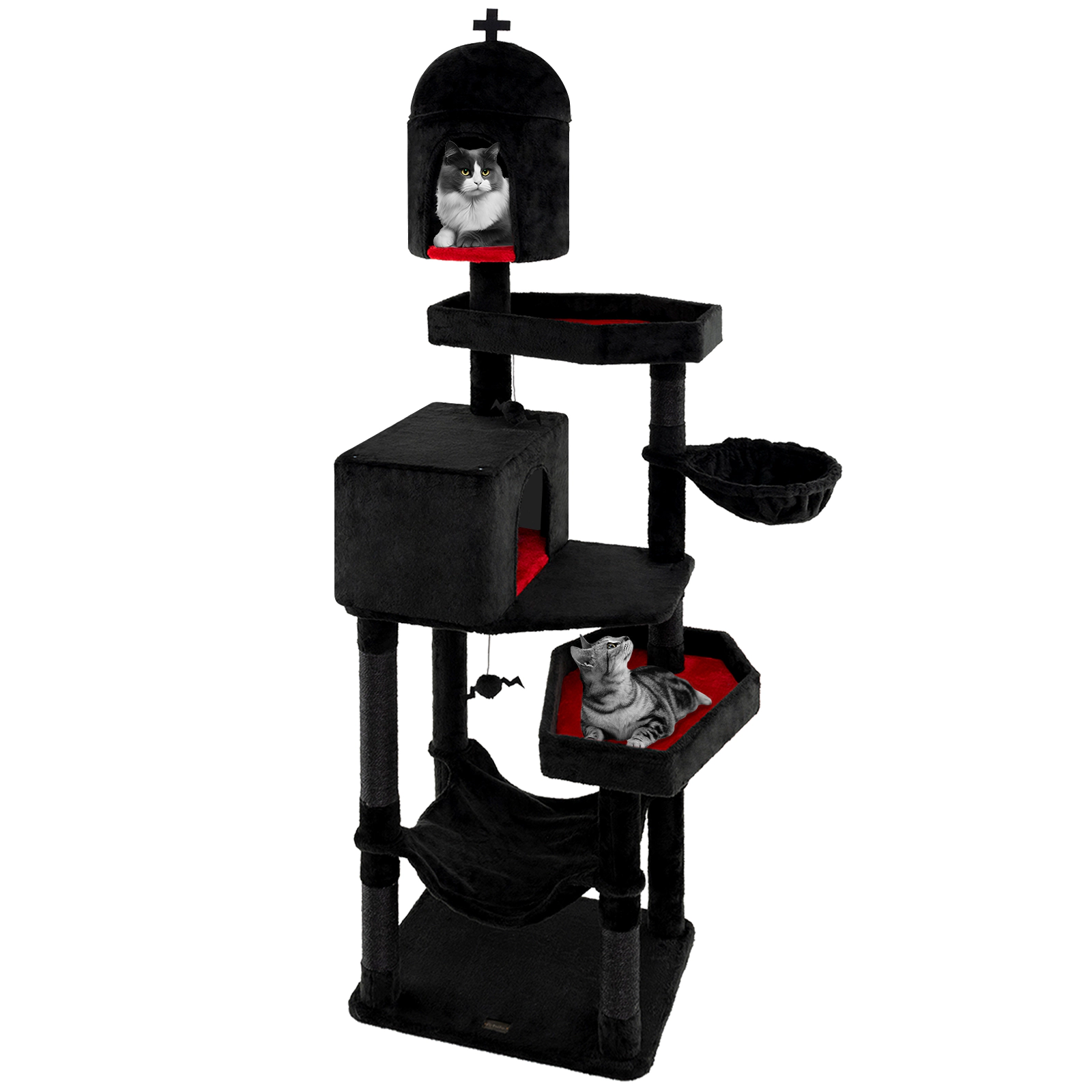 SUGIFT Gothic Cat Tree with 2 Cat Condos Coffin Beds Hammock 83-in Tall 22-lb Layers 11-lb Hammock Black & Red