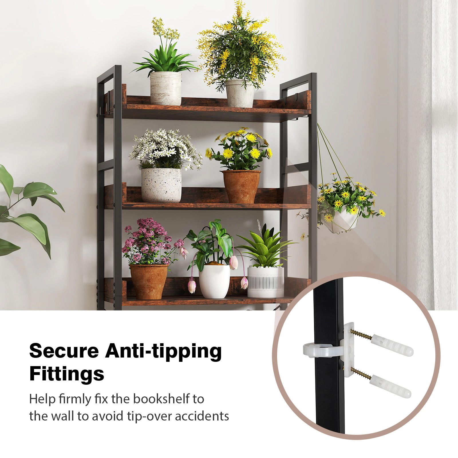 SlickBlue 5 Tier Bookshelf with Hooks and Metal Frame for Living Room Storage