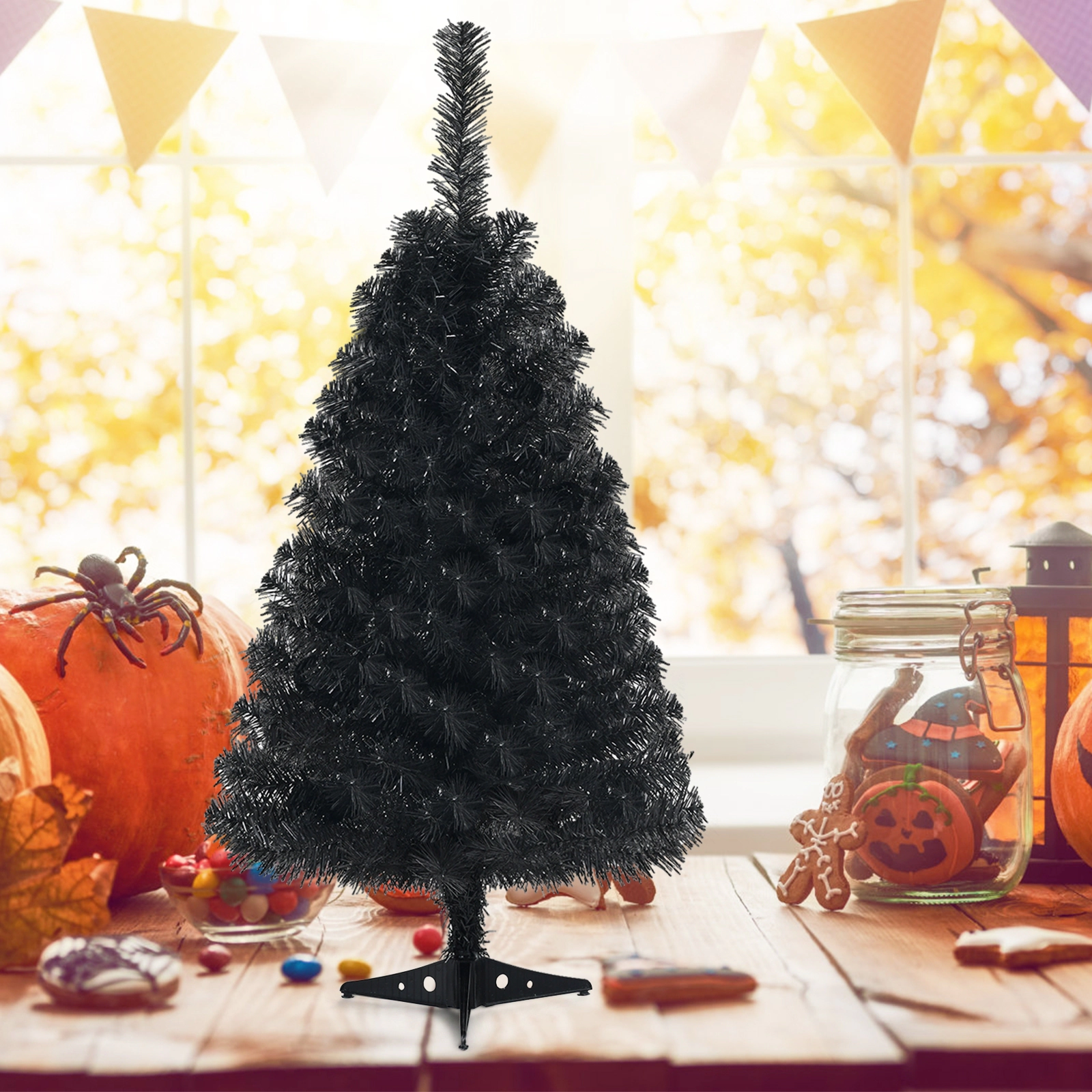 SUGIFT 3 ft Black Mini Christmas Tree Unlit Artificial Halloween Tree with Plastic Stand