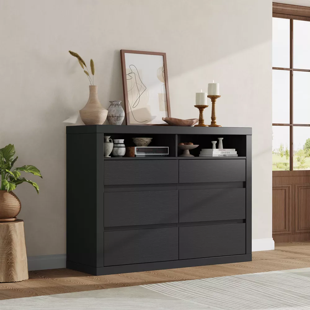 6 Drawer Modern Wooden Dresser with 2 Open Shelves, 47" Wide Handleless Storage Chest for Bedroom