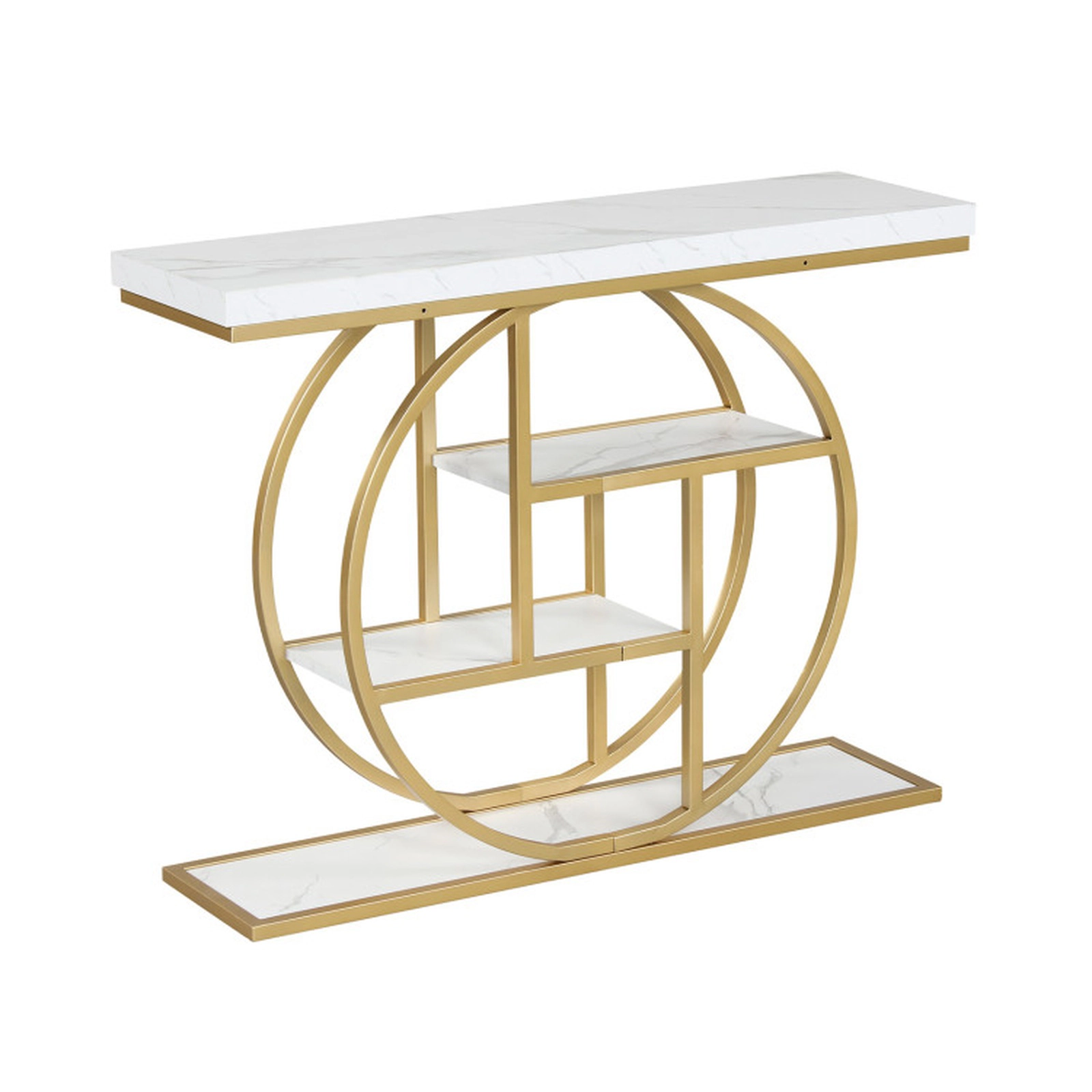 SUGIFT 4-Tier Faux Marble Top Gold O-Shaped Frame Entryway Console Table 41-in x 12-in x 31-in 110-lb Capacity White