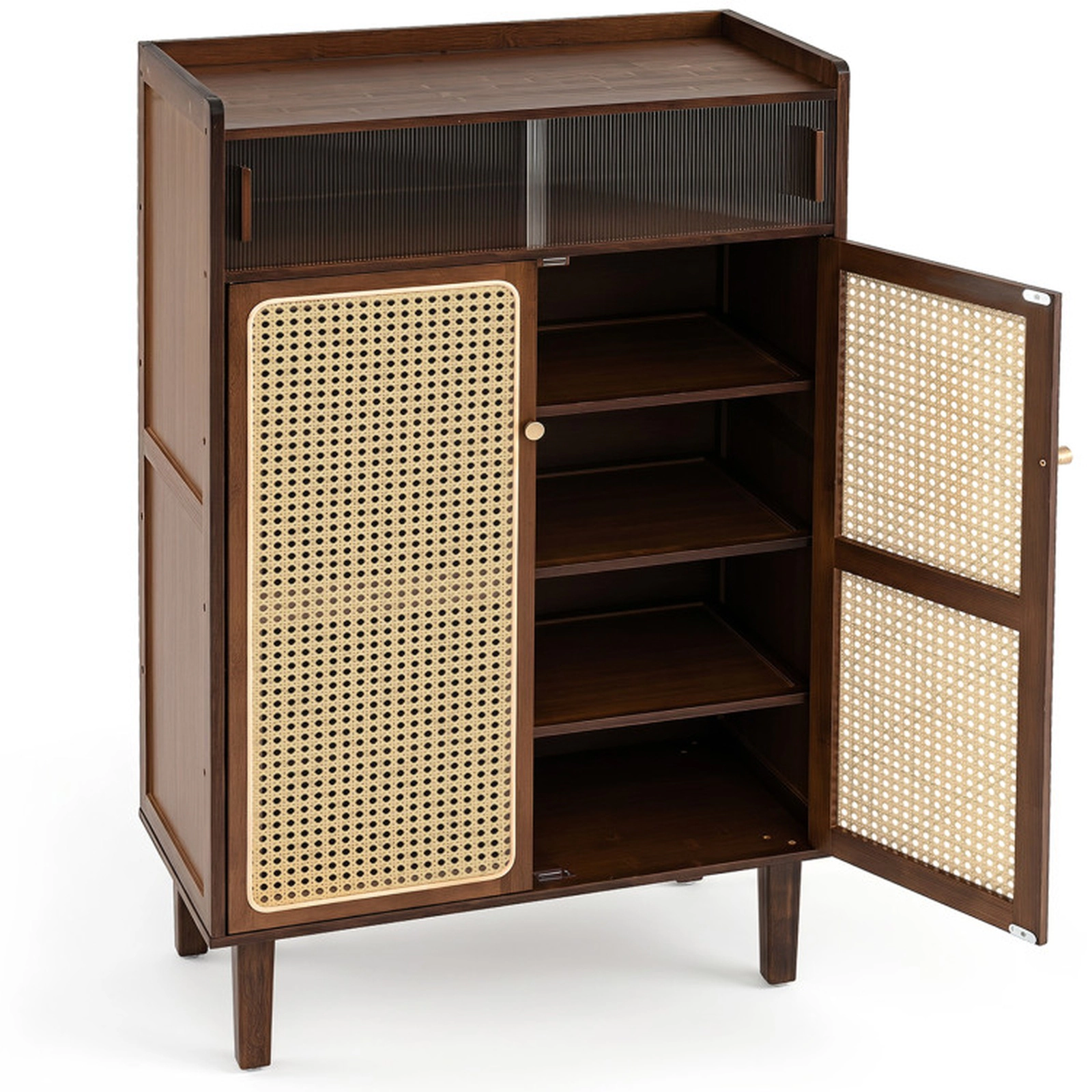 SUGIFT 5-Tier Walnut 42-in Bamboo Shoe Cabinet with Rattan Sliding Doors for Entryway Shoe Storage