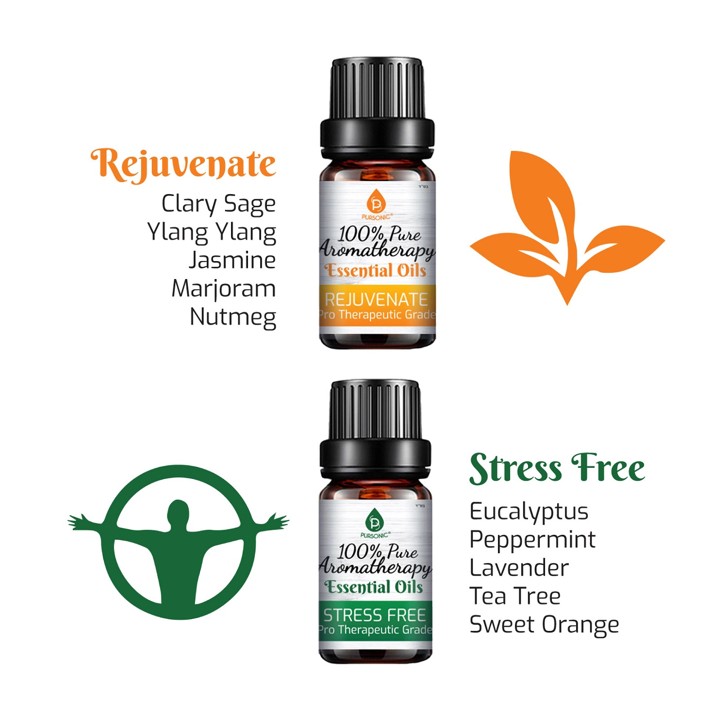 Pursonic Unisex 100% Pure Aromatherapy Essential Oil Blend Collection – 6 Pack Therapeutic Wellness Oils Set