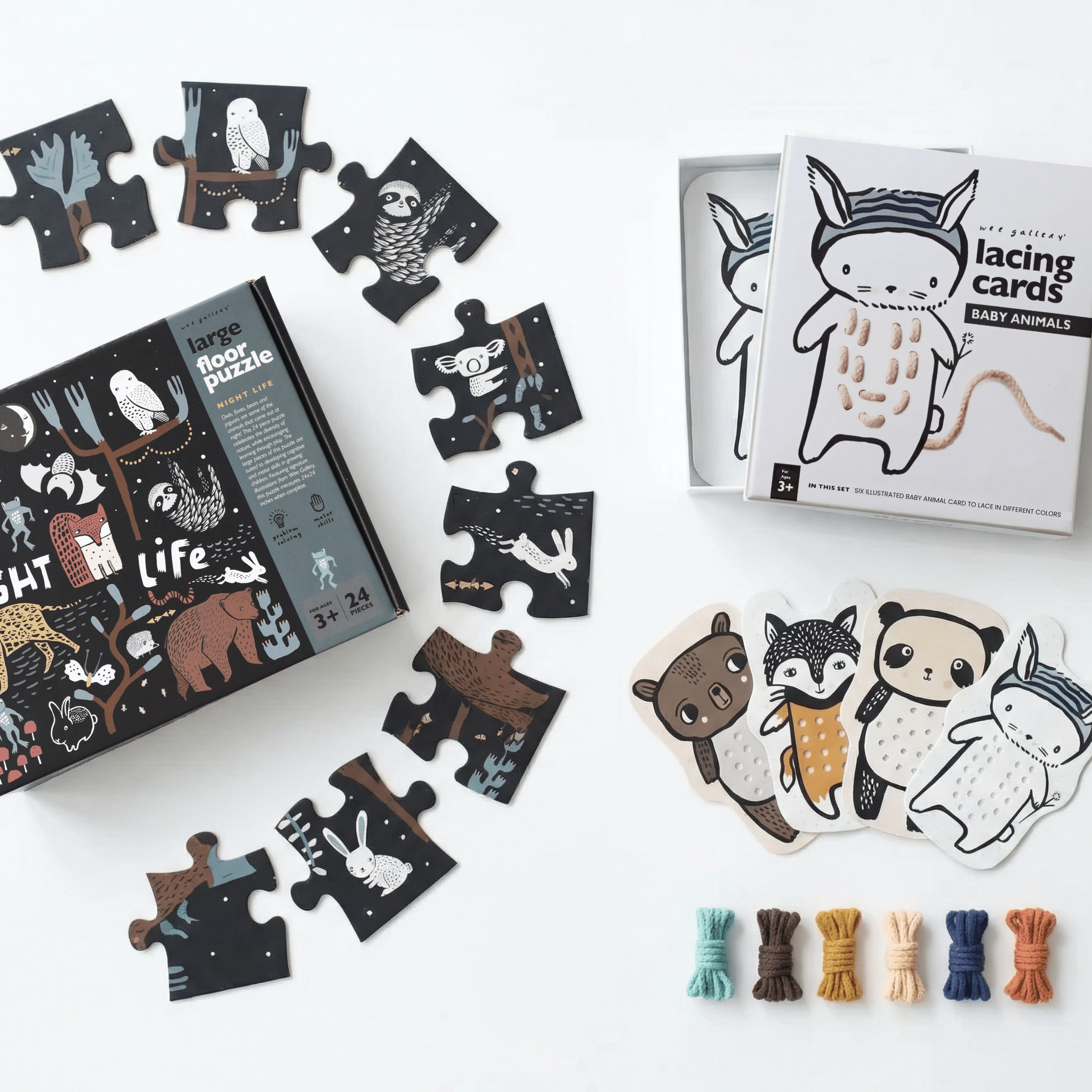 Wee Gallery Fine Motor Practice Bundle - Baby Animals Lacing Cards and Night Life 24-Piece Floor Puzzle