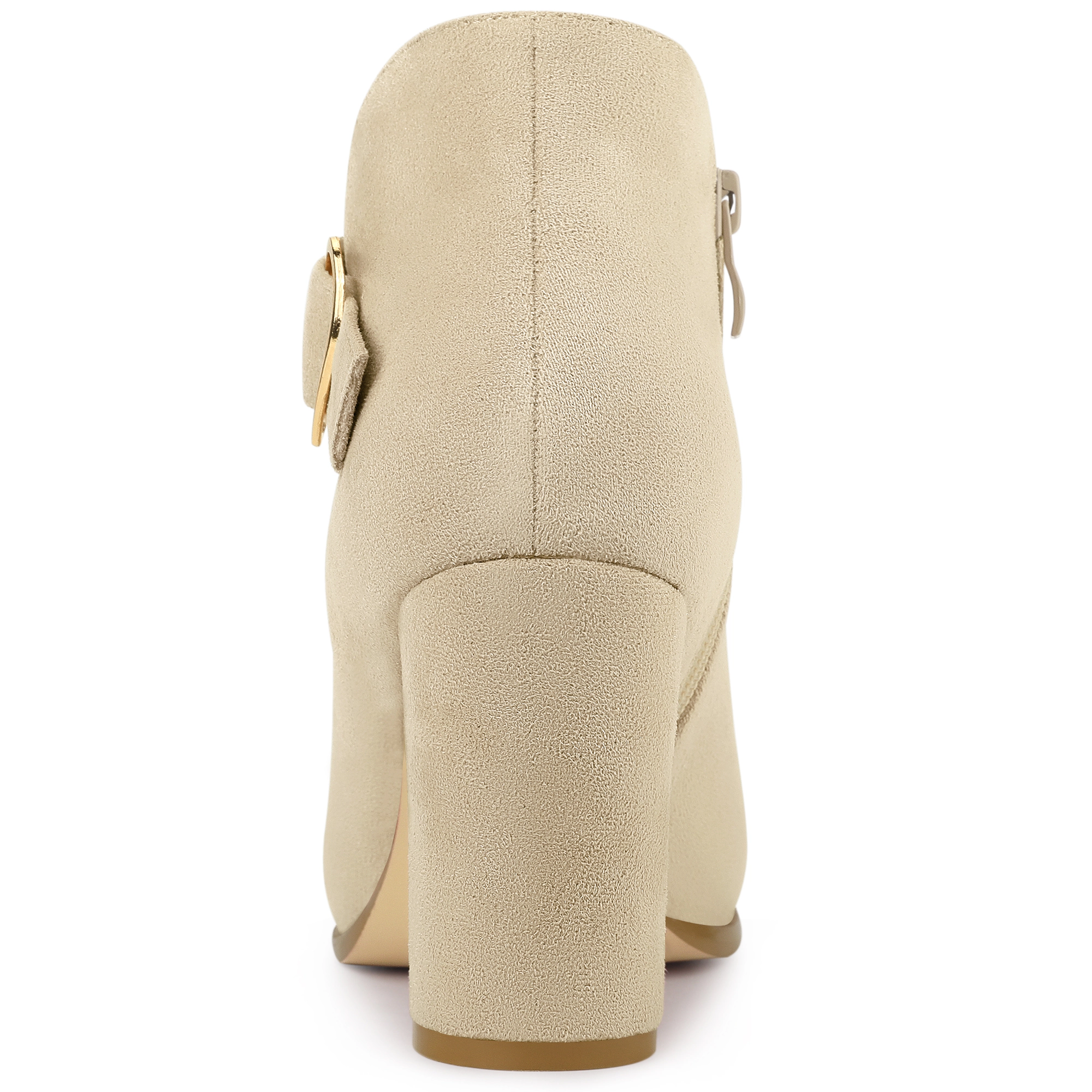 BLISSFUL STEP Women Faux Suede Buckle Side Zip Chunky Heels Ankle Boots