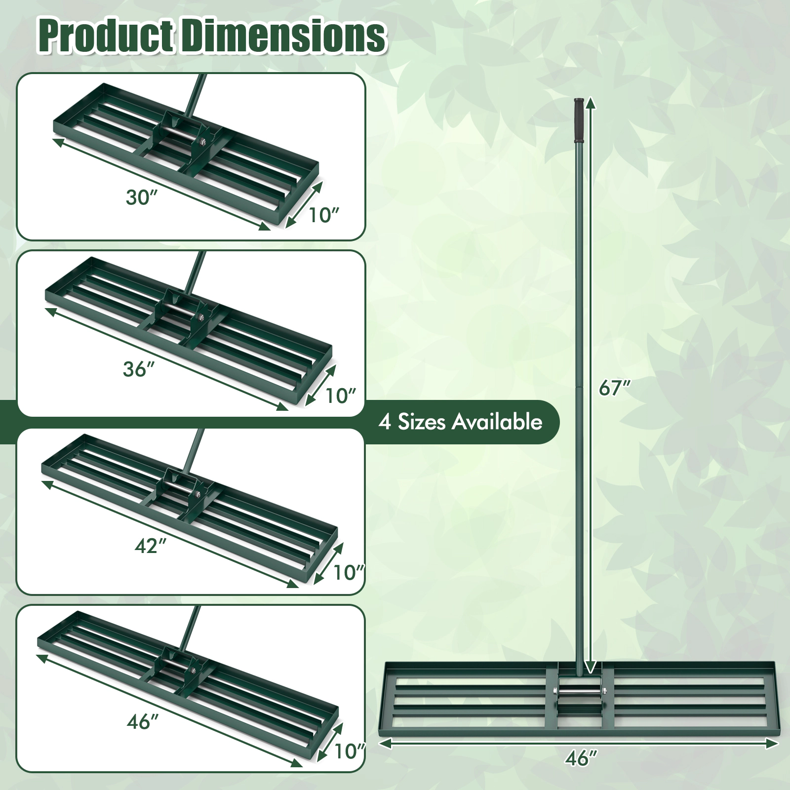 SUGIFT Green 46-in x 10-in Lawn Leveling Rake with 67-in Non-Slip Handle and Rotating Head for Golf Turf