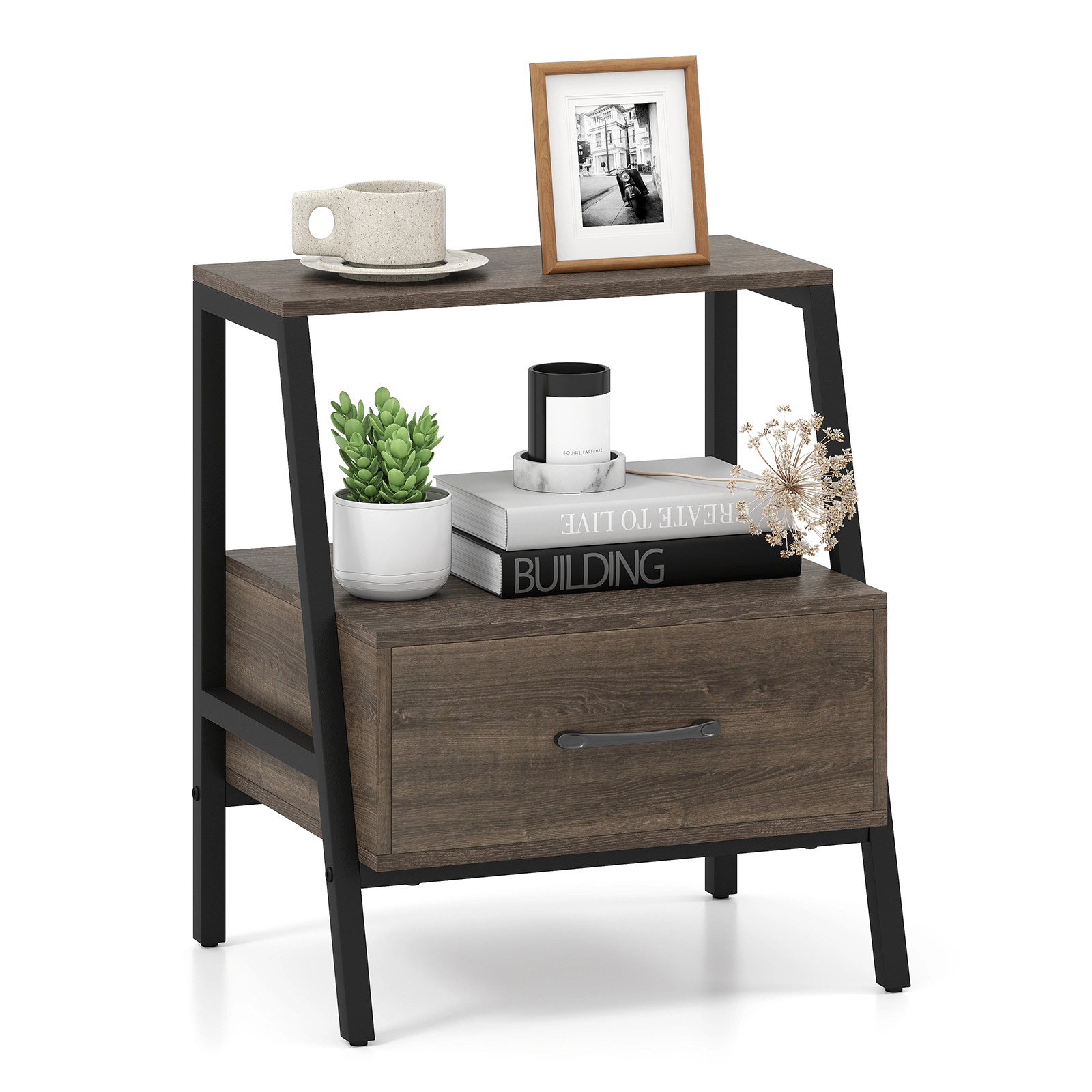SUGIFT 3-Tier Farmhouse Nightstand Open Shelf & Drawer 155-lb Capacity 17.5-lb Net Weight Gray Engineered Wood & Metal