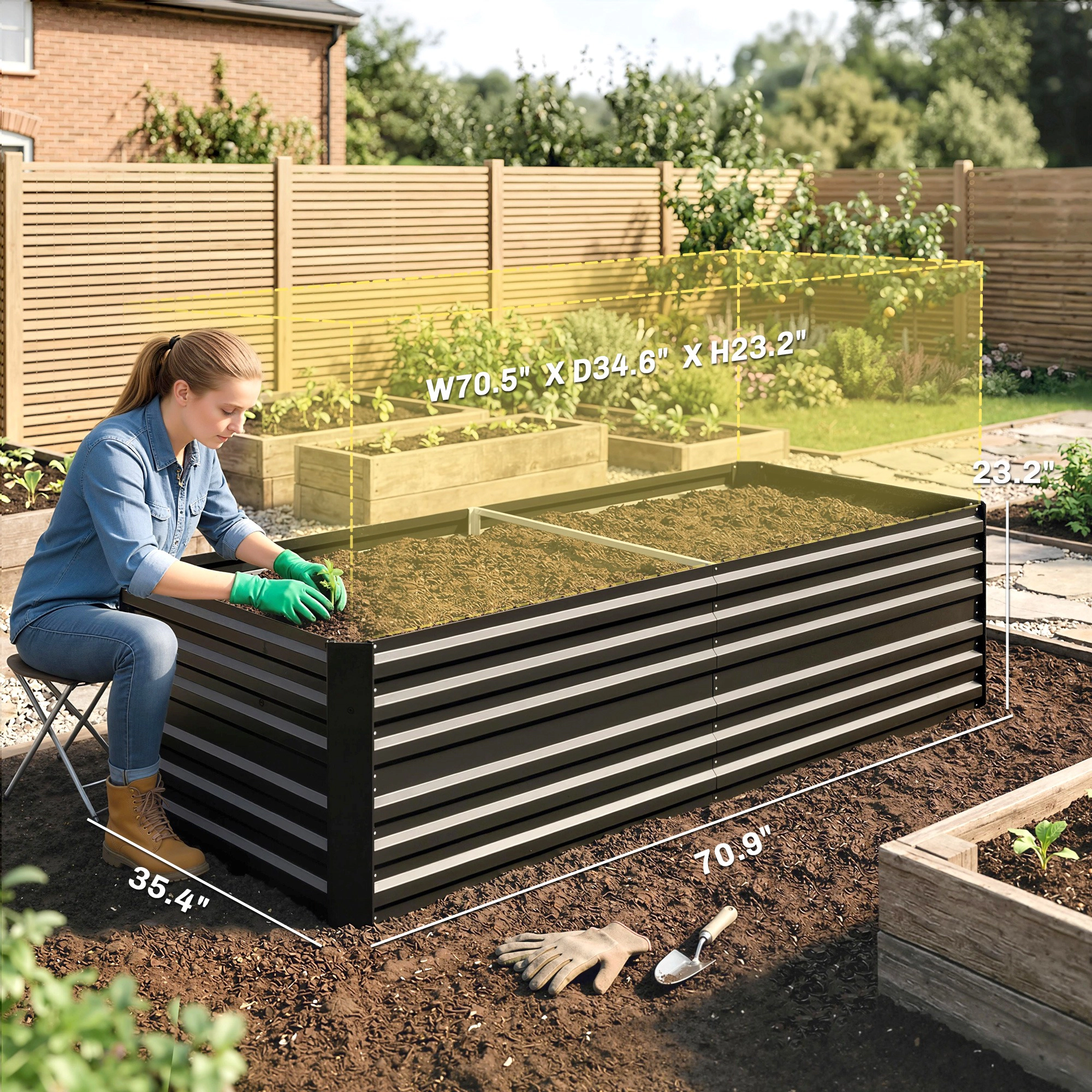 HONGGE Galvanized Raised Garden Bed, Steel Outdoor Planters with Reinforced Rods, 71" x 36" 23"