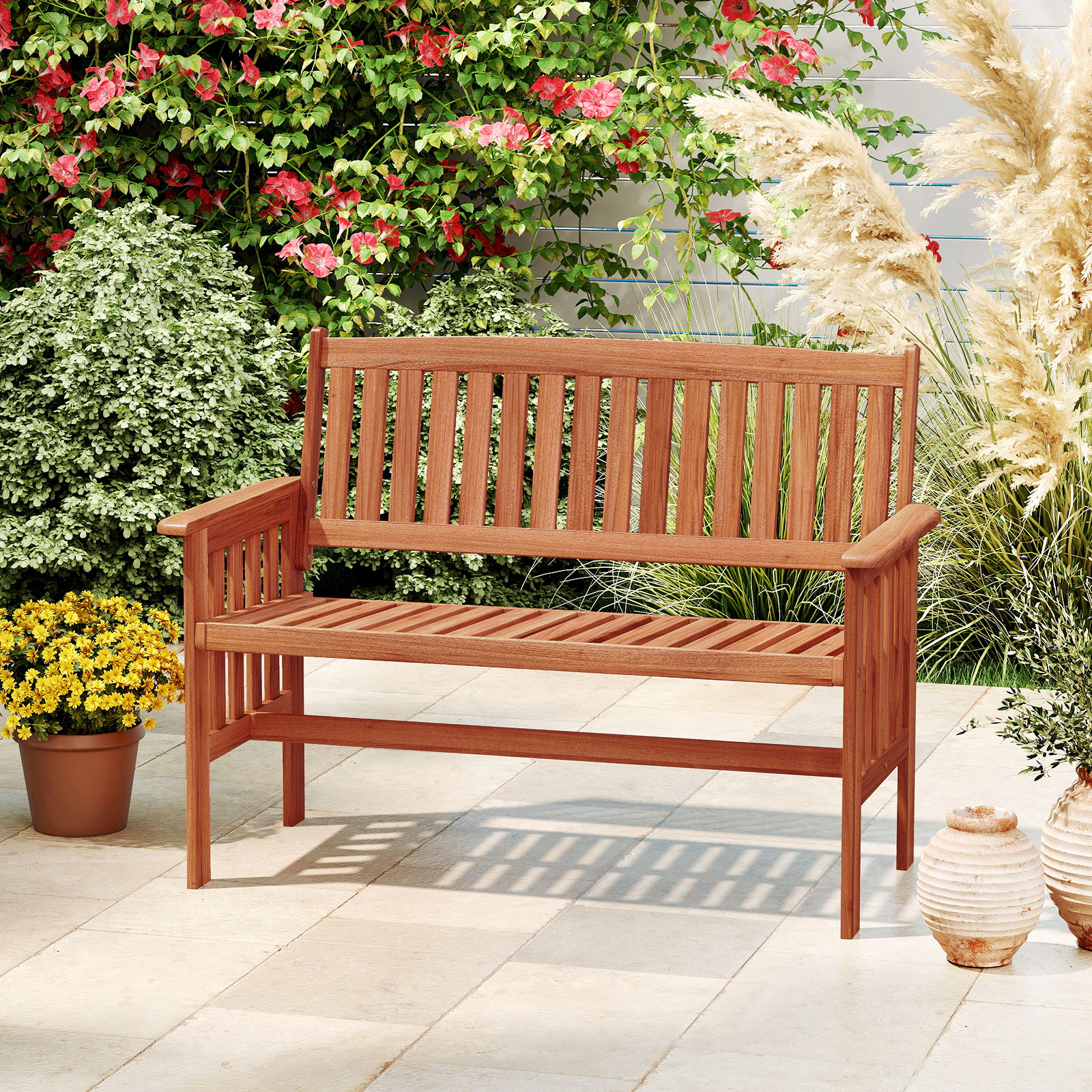 SUGIFT 47-In 2-Person Natural Wood Outdoor Garden Bench with Reclined Backrest