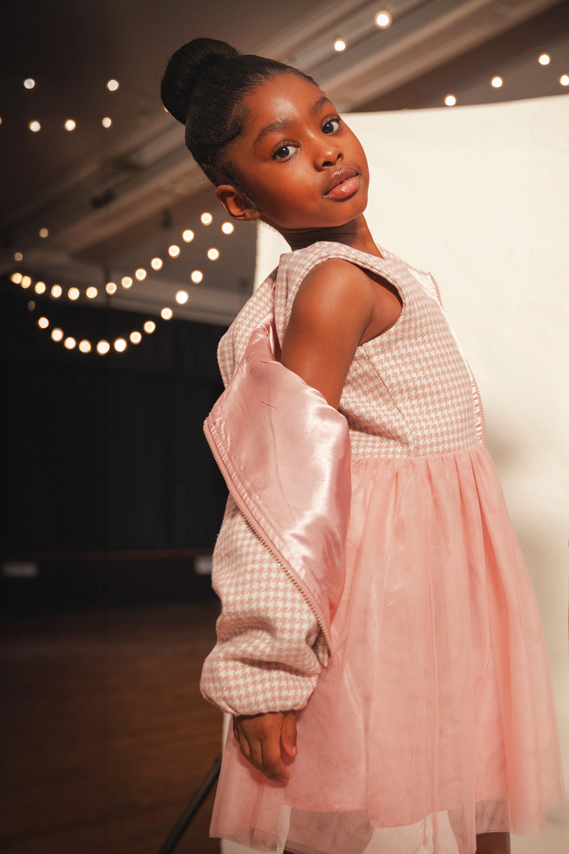 Deux par Girls Bi-Material Sleeveless Houndstooth Print Mesh Skirt Dress