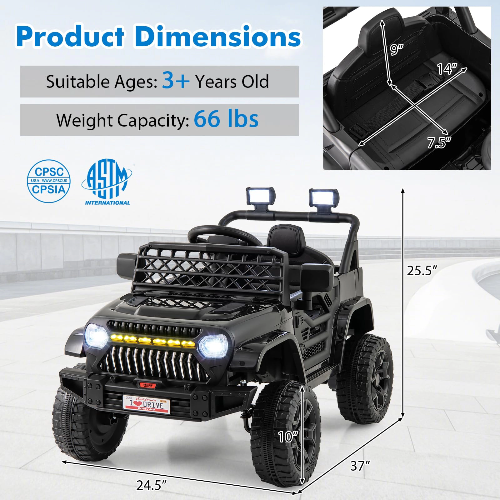 Glintex 12V Kids Ride-On Truck with Dual-Motor Drive and Light Controls