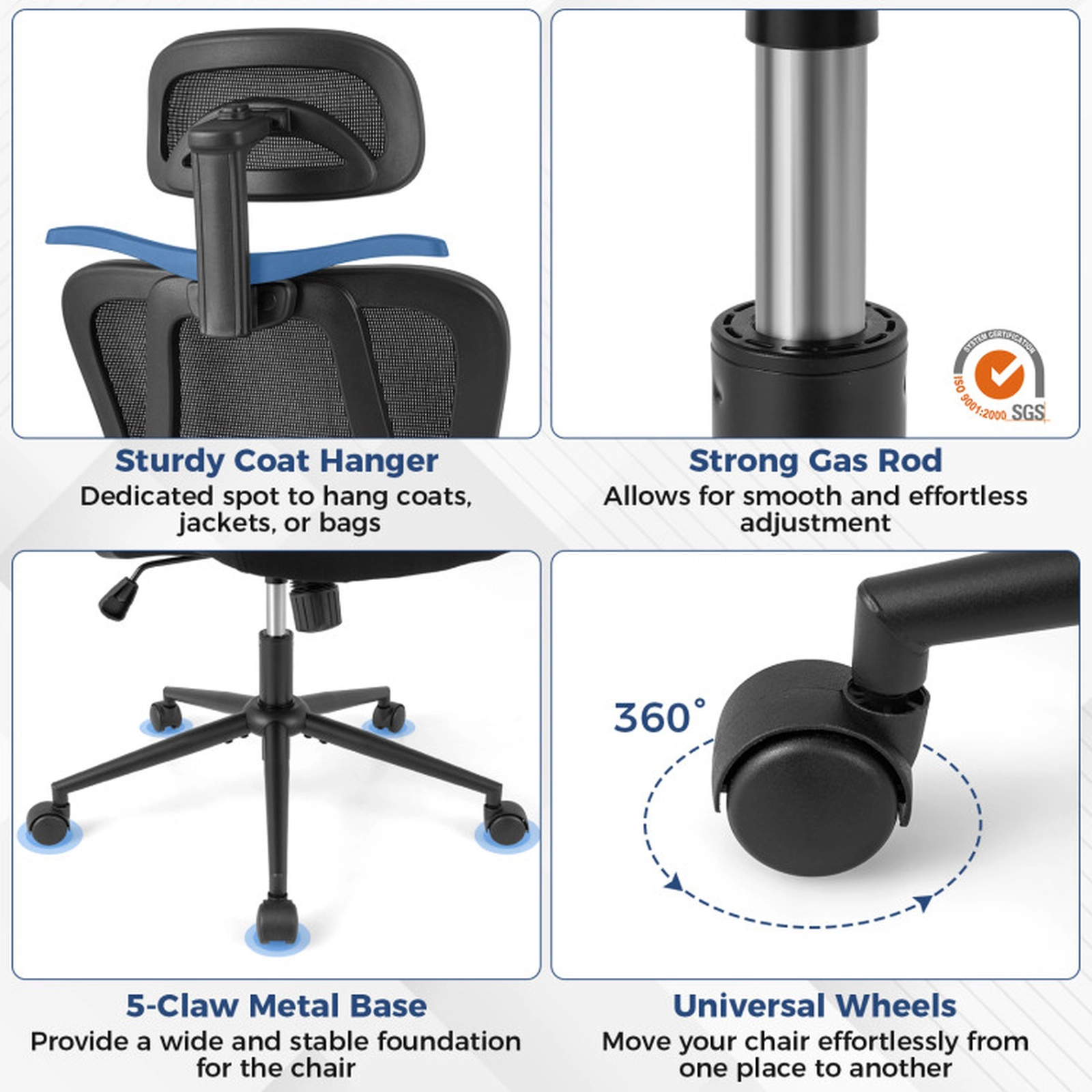 SUGIFT 330-lb Capacity Black Mesh High Back Desk Chair with 3D Headrest Coat Hanger and Waterfall Seat