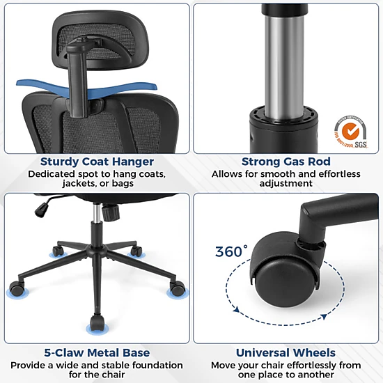 SUGIFT 330-lb Capacity Black Mesh High Back Desk Chair with 3D Headrest Coat Hanger and Waterfall Seat