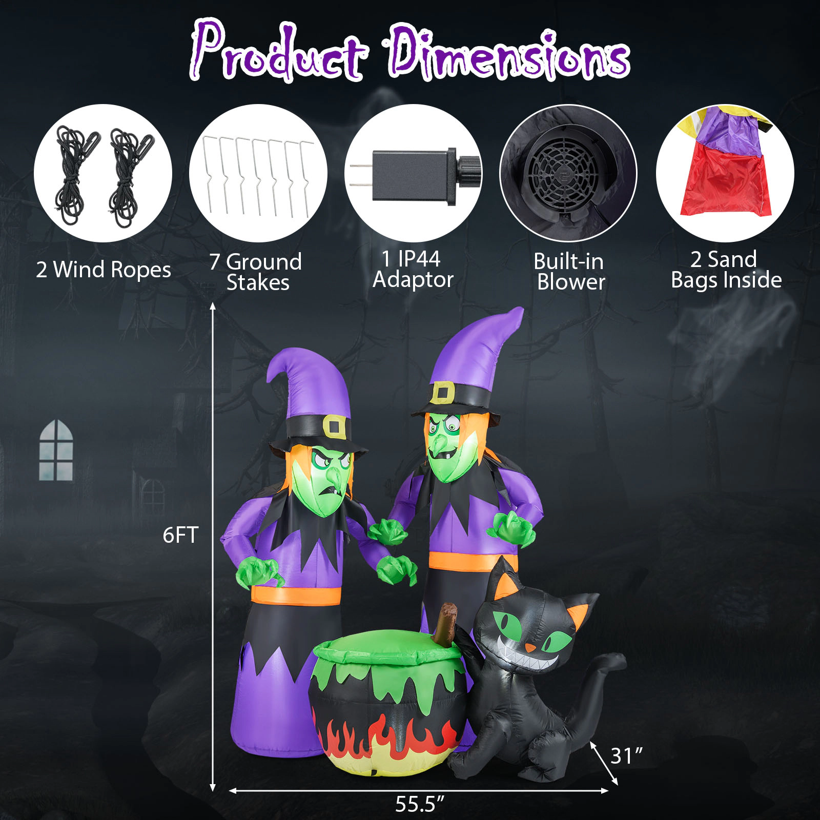Glintex 6-Ft Inflatable Halloween Witches with Cauldron and Black Cat, Multicolor