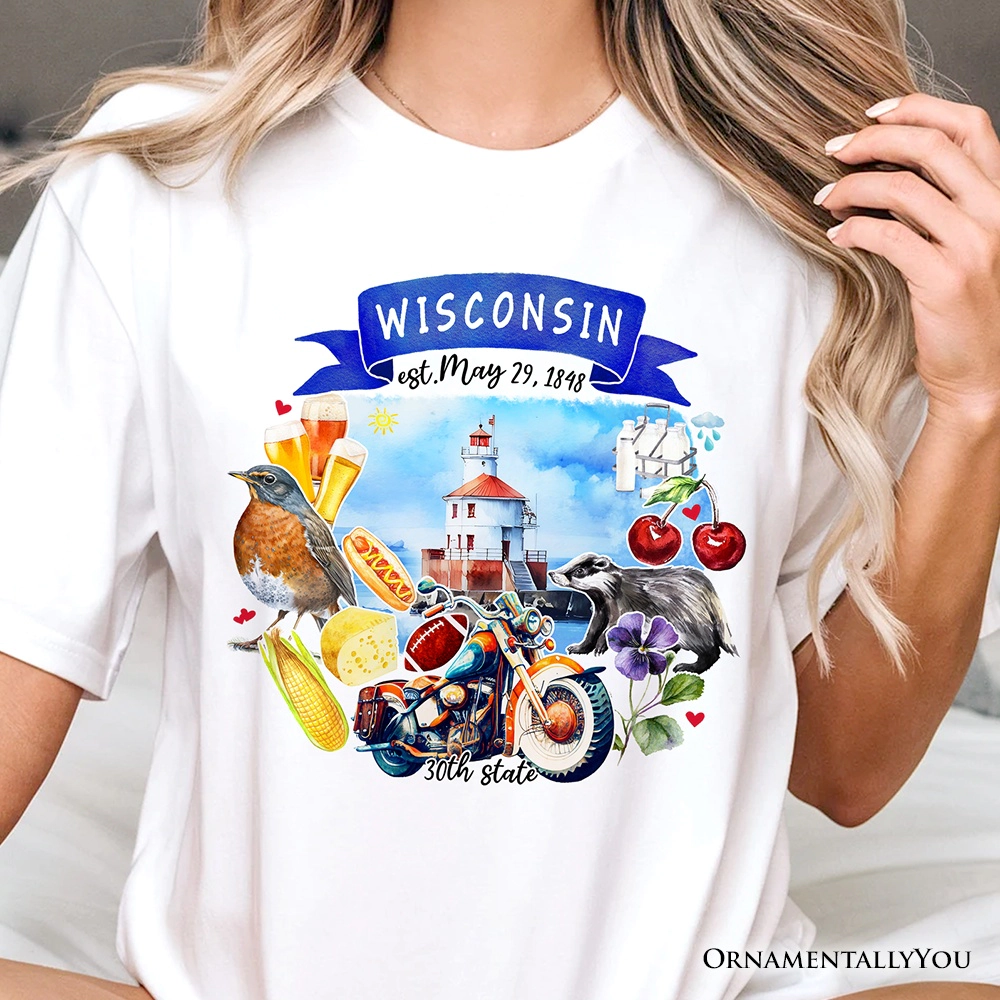 OrnamentallyYou Unisex Artistic Wisconsin State Themes And Landmarks T-Shirt